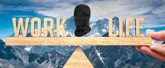 A balance beam with work and life on either end with a balaclava black ski mass teetering in the middle