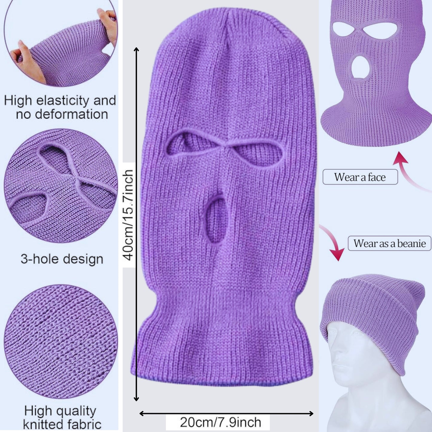 purple ski mask info graphics showing size length 40cm/15.7inch, width 20cm/7.9 inch