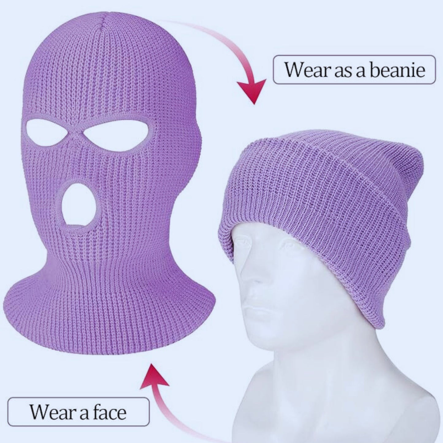 A photo showing a purple ski mask that can be worn as a beanie