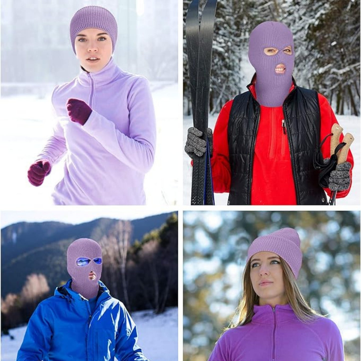 men wearing purple ski mask and women wearing a purple beanies hiking, jogging, and skiing