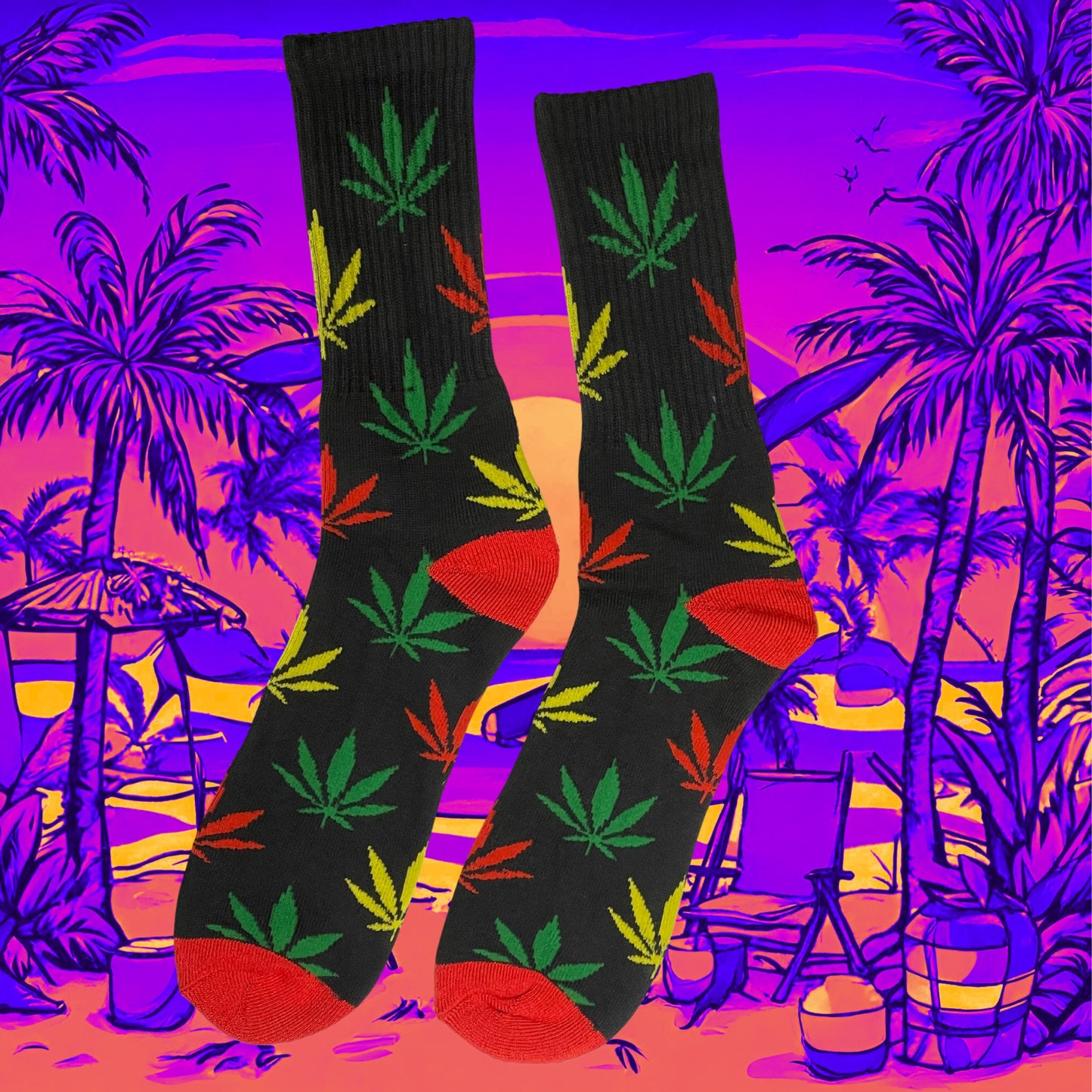 A pair of Weed socks, sunset, Rastafarian beach party
