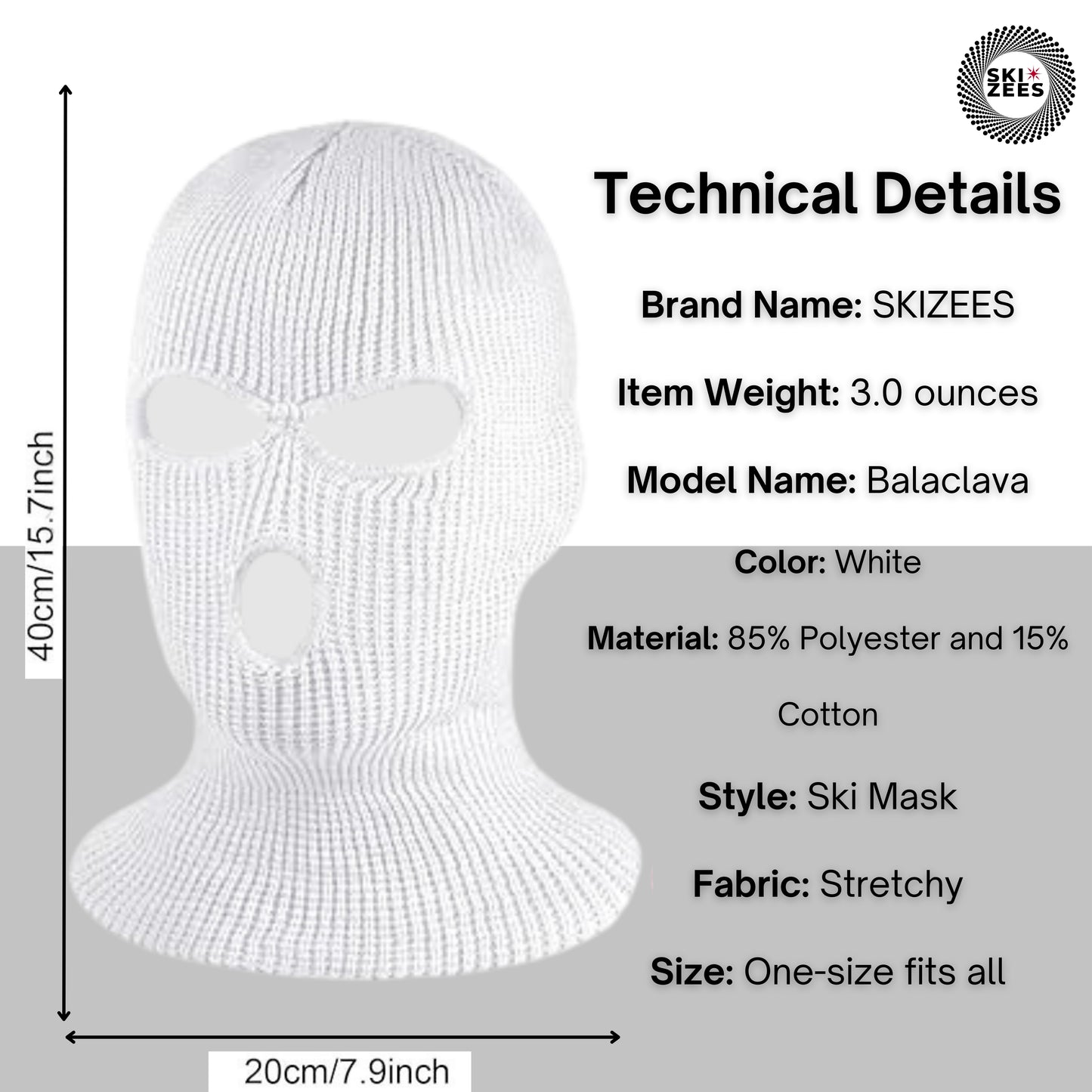 white ski mask technical details brand Name Skizees, color white, one-size-fits-all