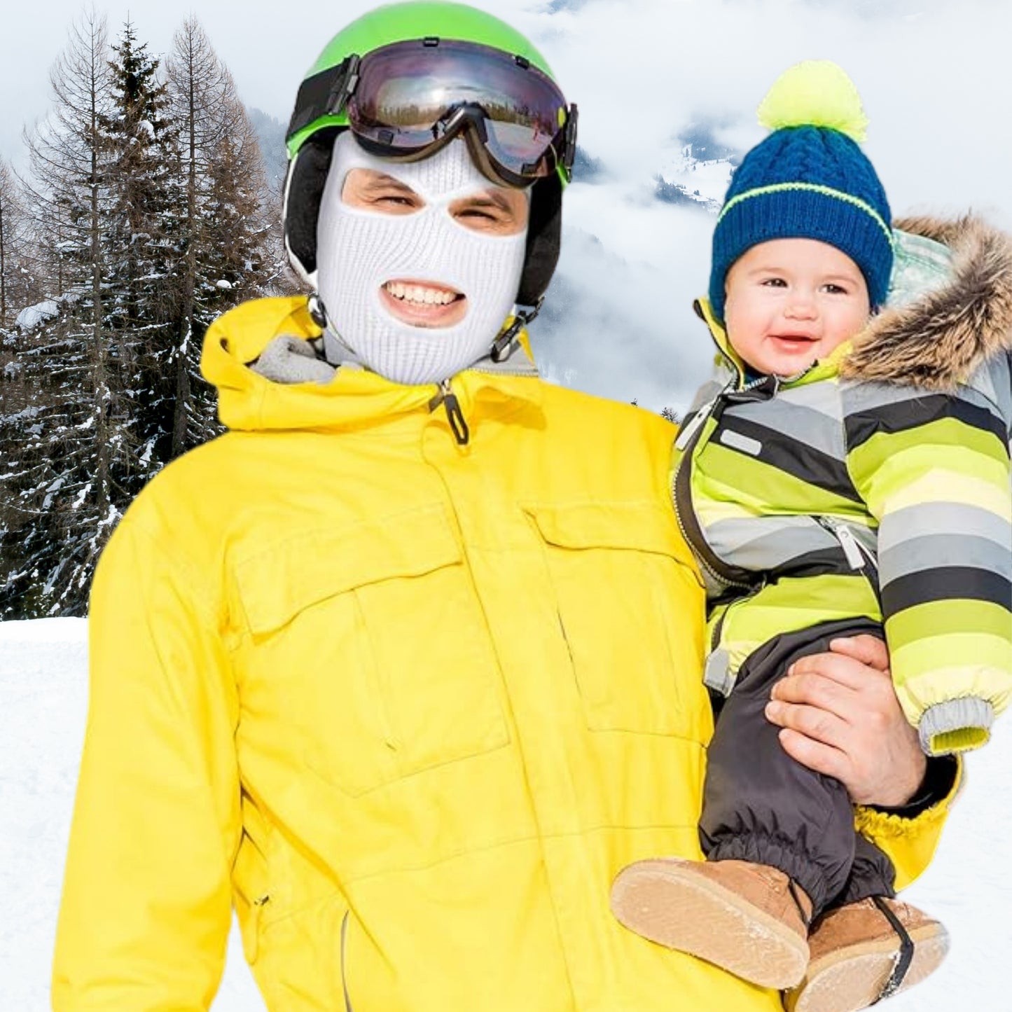 man wearing white ski mask holding a baby
