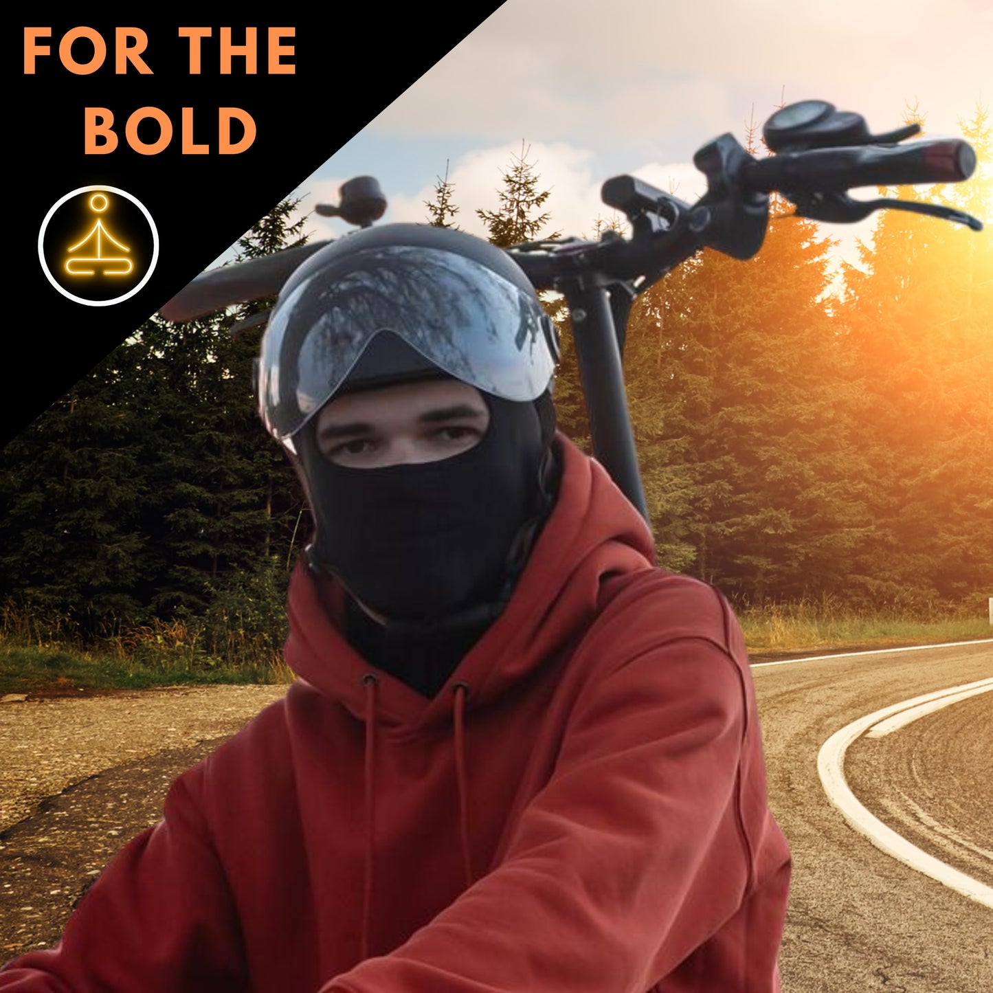Thin black balaclava mask for the bold show man resting by electric scooter