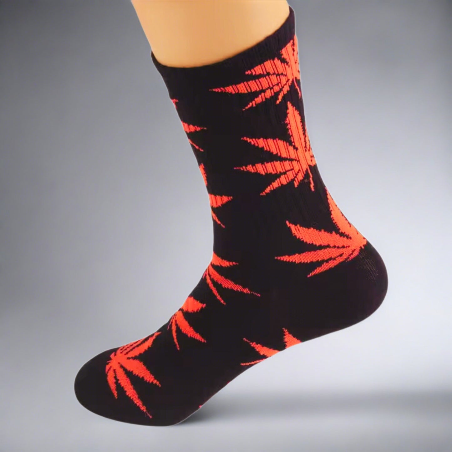 black crew socks with orange marijuana leaves
