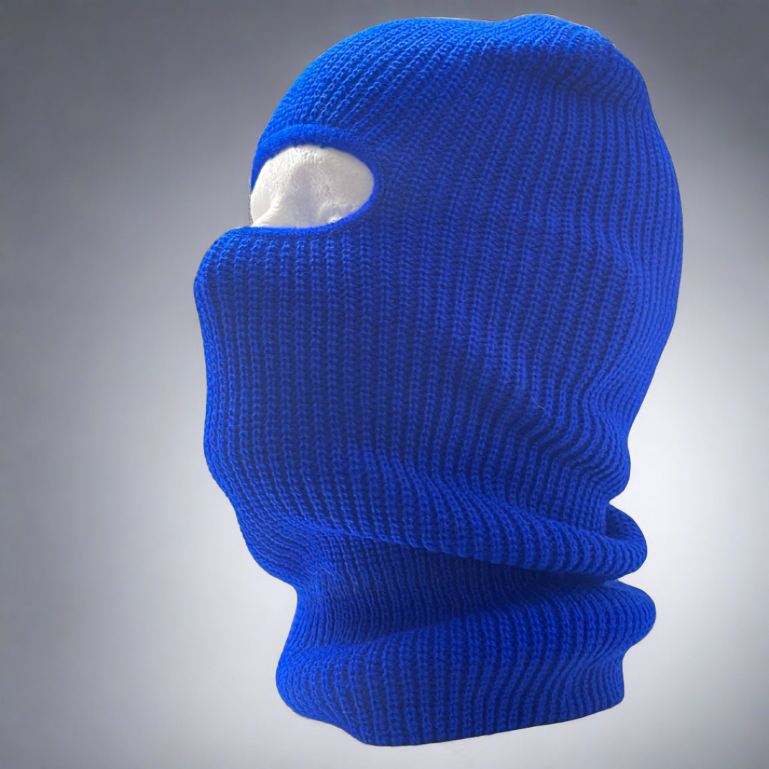 Blue ski mask side view made with 100% high-quality acrylic materials for men, women and kids.