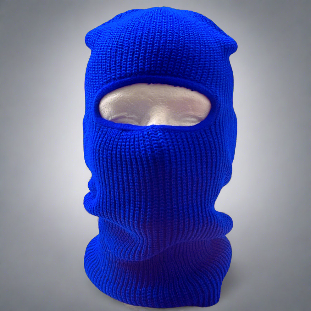 Blue Balaclava ski mask one hole - protects from outdoor elements like wind, pollen, dust, snow, cold, and sun. Used by construction workers landscapers and outdoor workers.