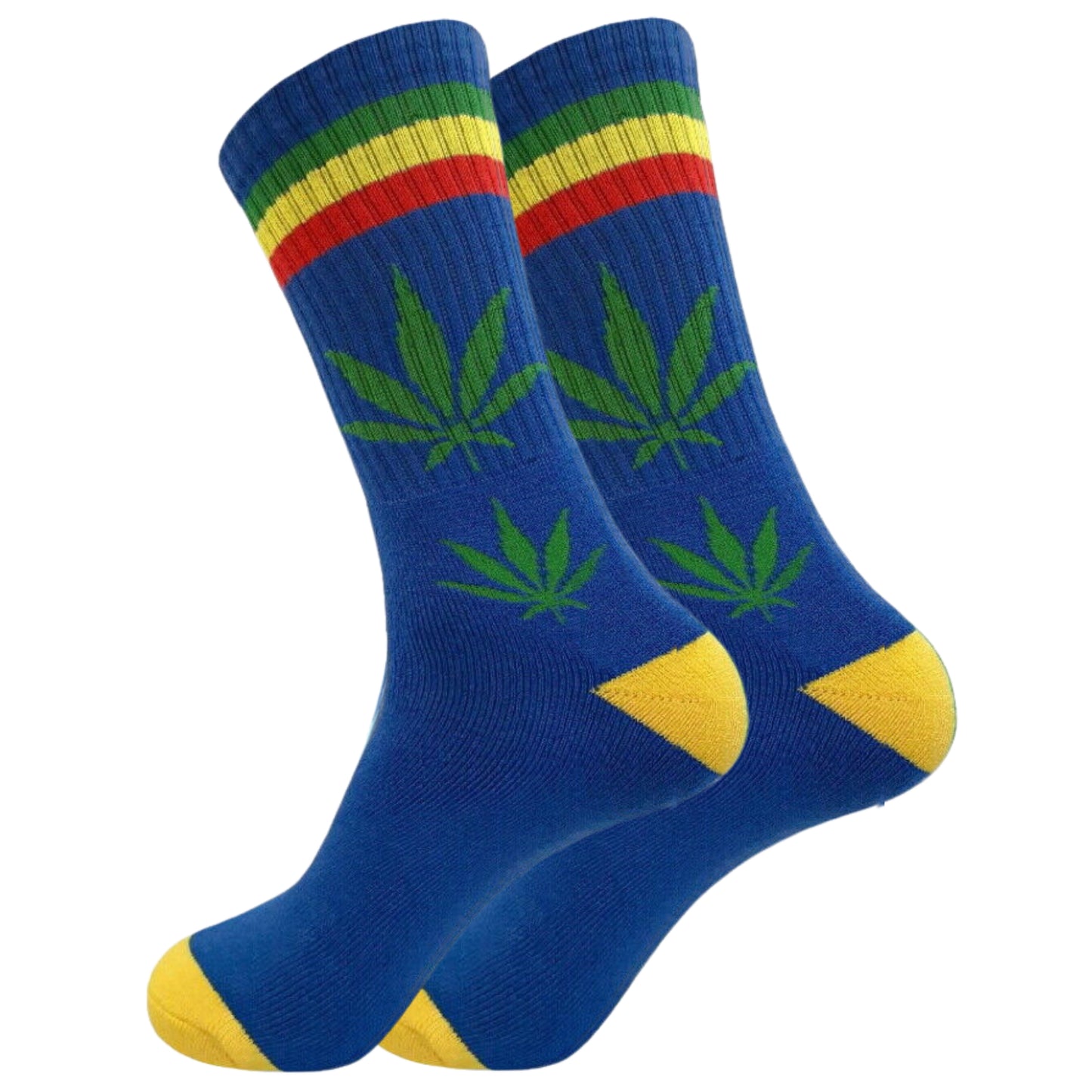 blue crew socks with green marijuana leaves, yellow toe and heel, and green yellow red stripes