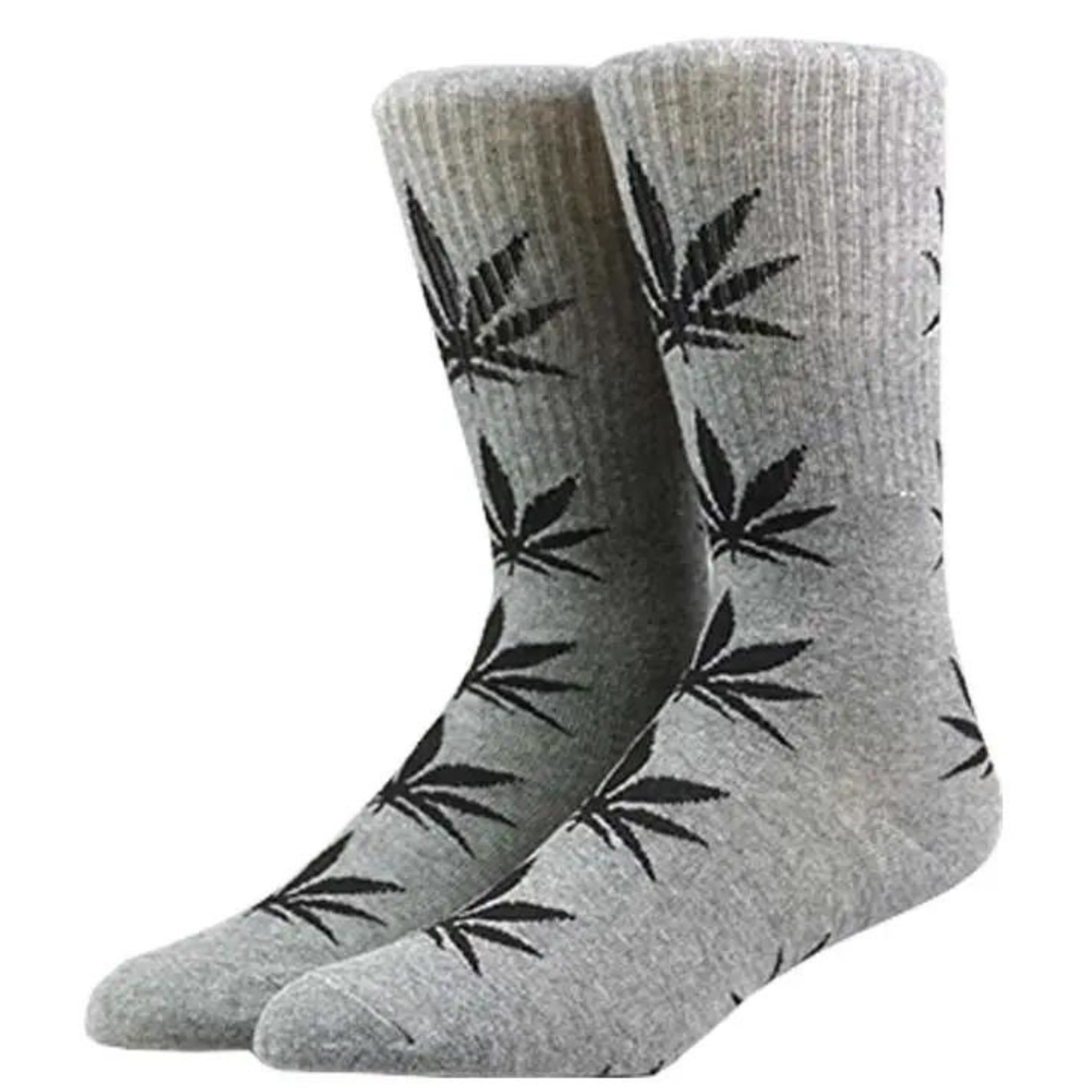 Gray and black marijuana weed crew socks