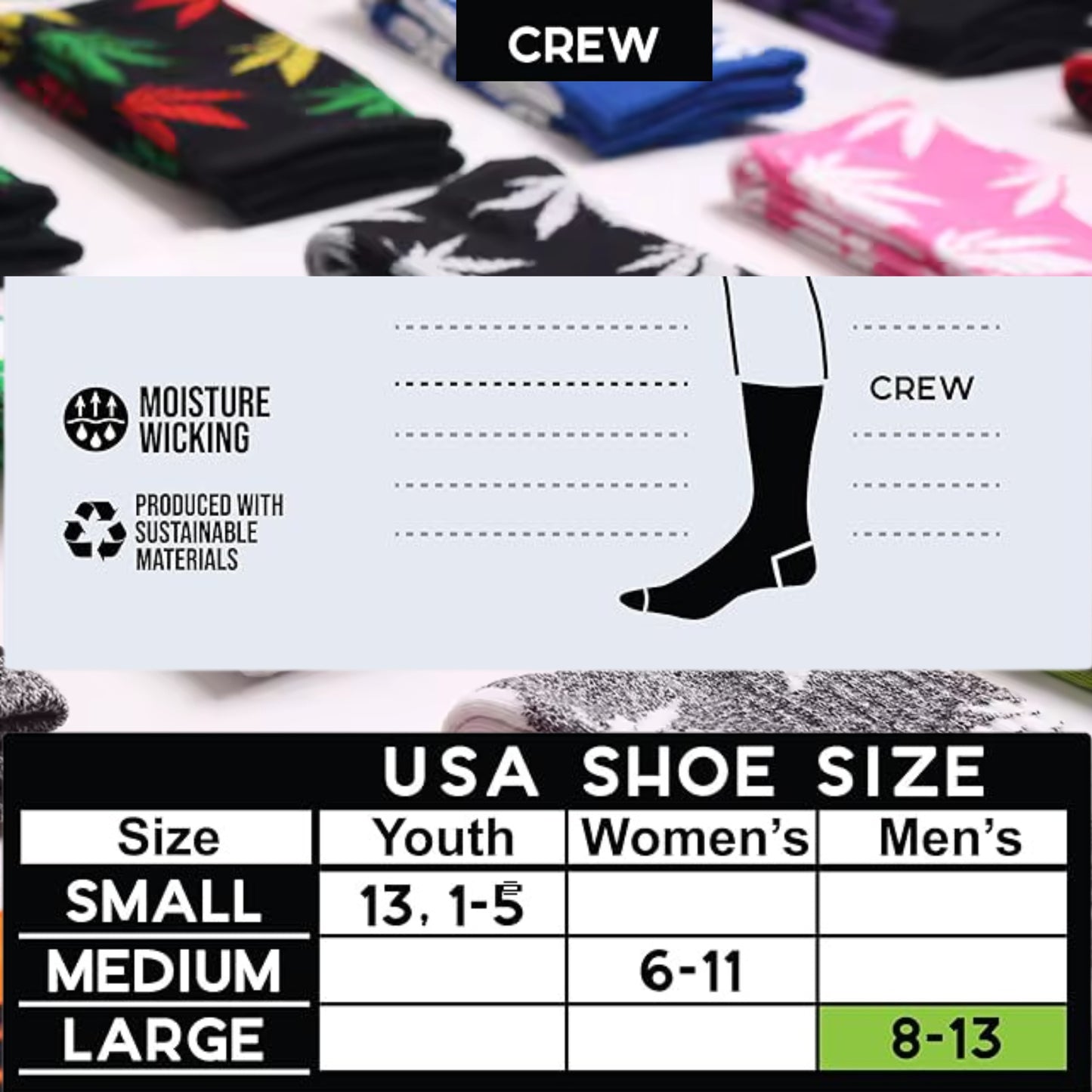 size chart for marijuana, crew, socks, small, medium, large youth women's men