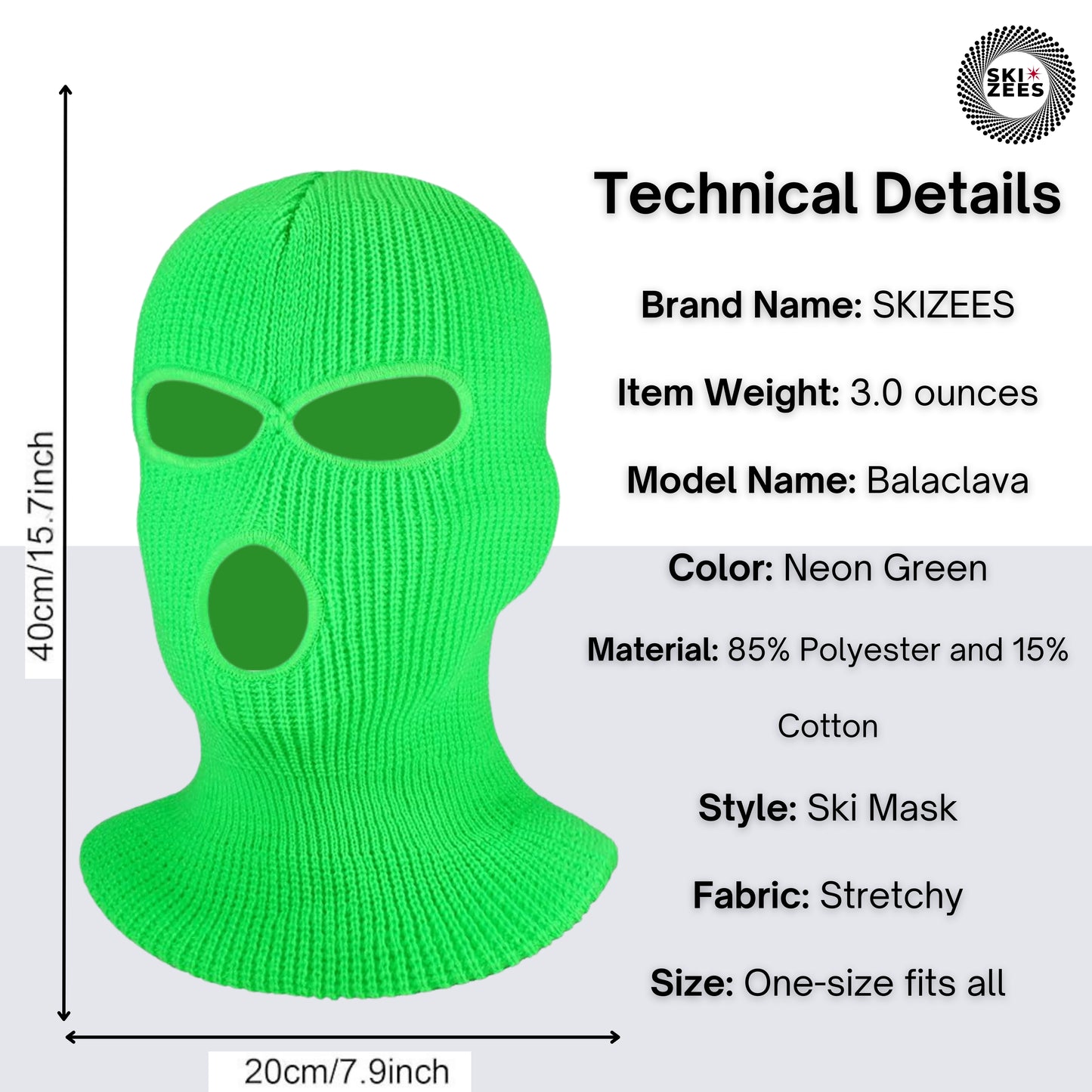 Neon, green, technical details, ski mask, balaclava, stretchy fabric one-size-fits-all