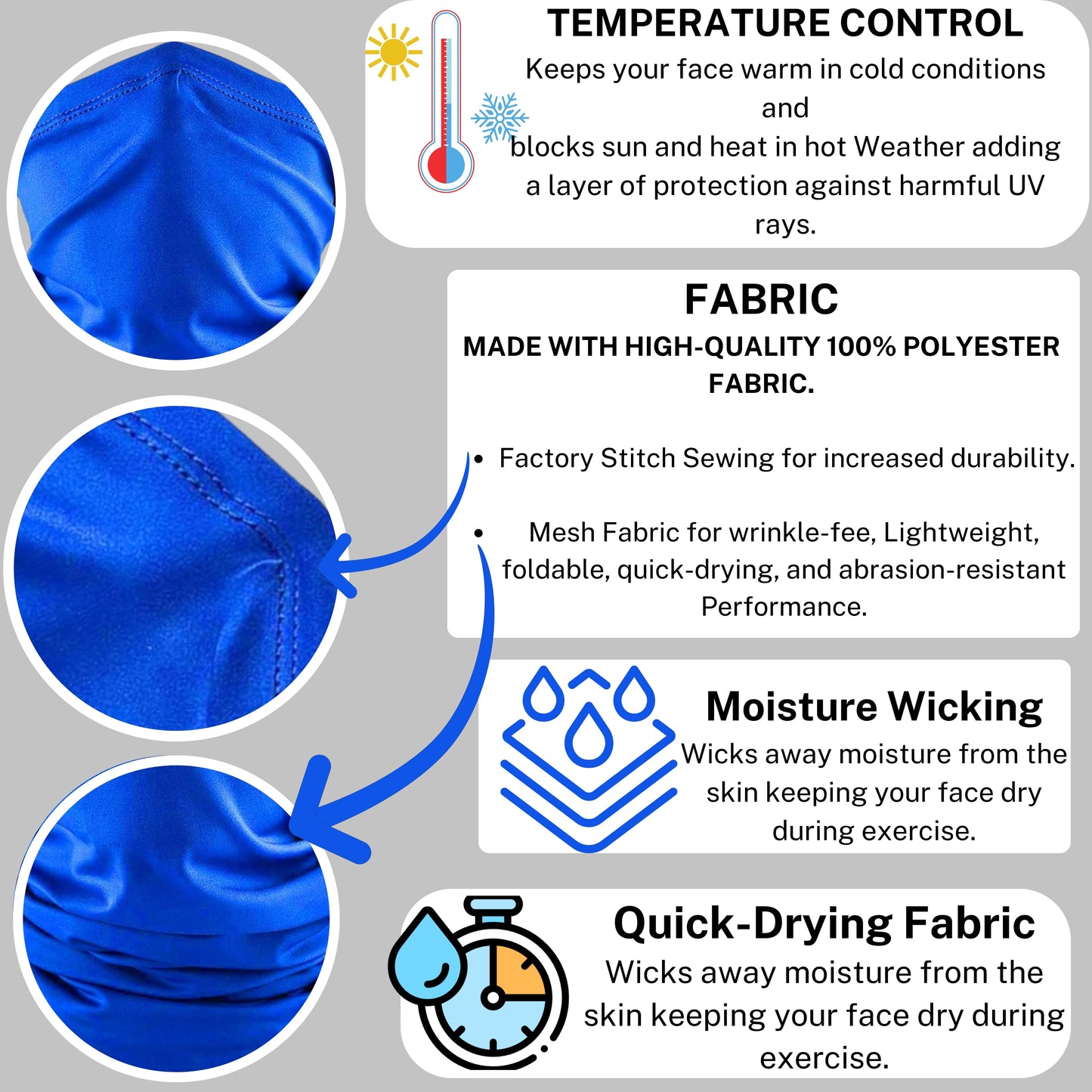 Royal blue neck, gaiter, moisture, wicking material, high-quality polyester, temperature control, keeps your face warm in cold conditions in blocks, sun and heat and hot weather, adding a layer of protection against harmful UV rays