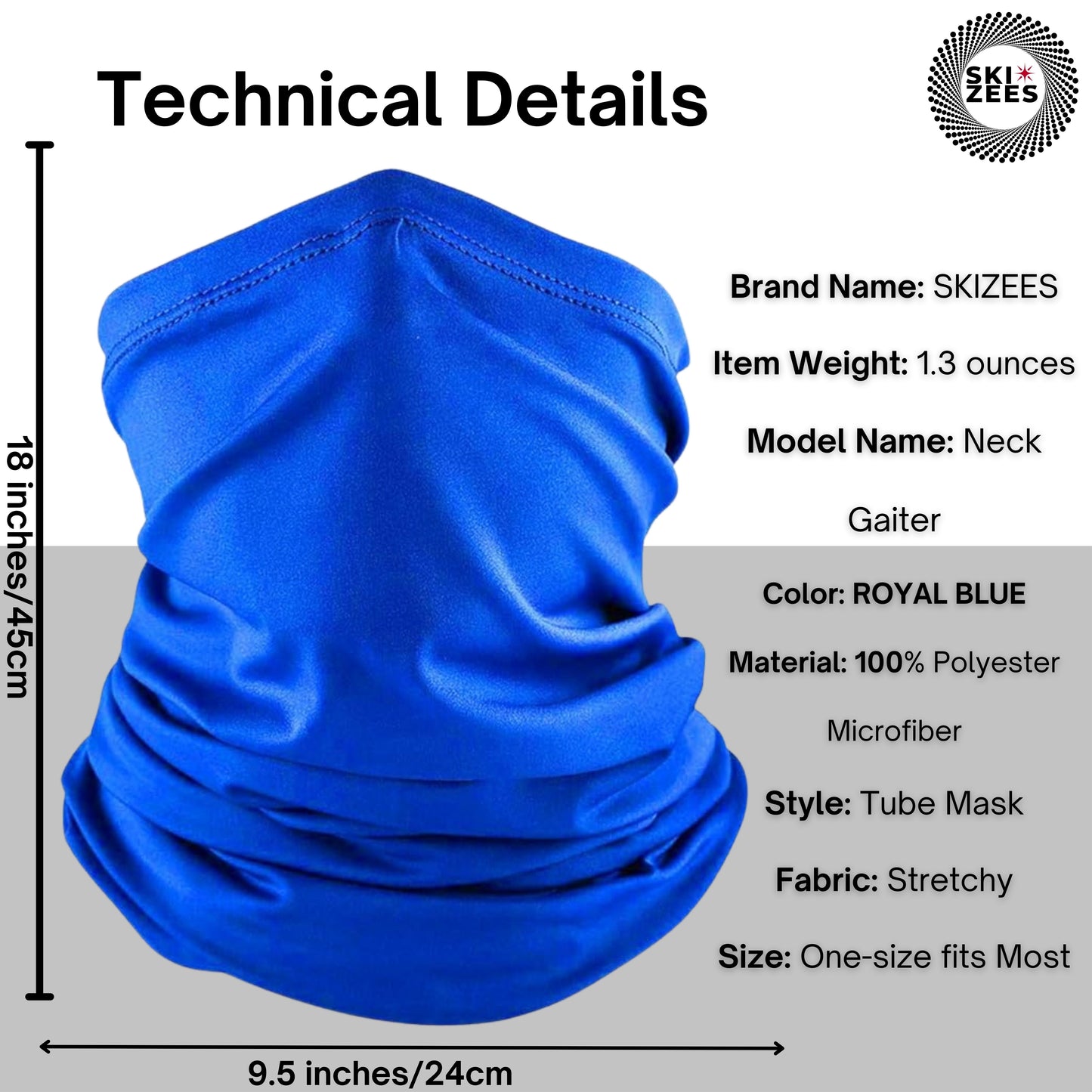 Royal blue neck, warmer to mass face gator, technical details item wait 1.3 ounces color royal blue material 100% polyester microfiber, tube mask one size fits most people