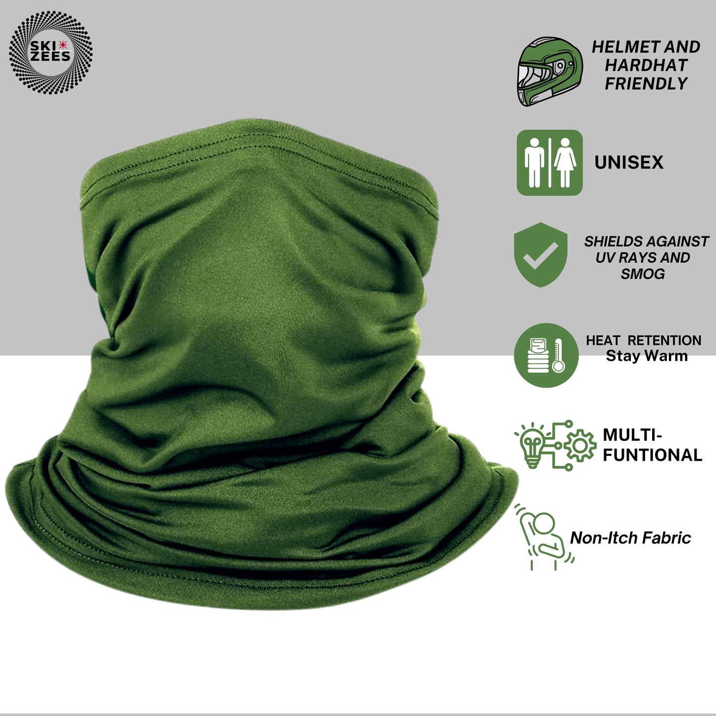 Army Green neck gaiter, half face mask, head cover unisex, helmet and hardhat friendly, heat retention, non itch fabric