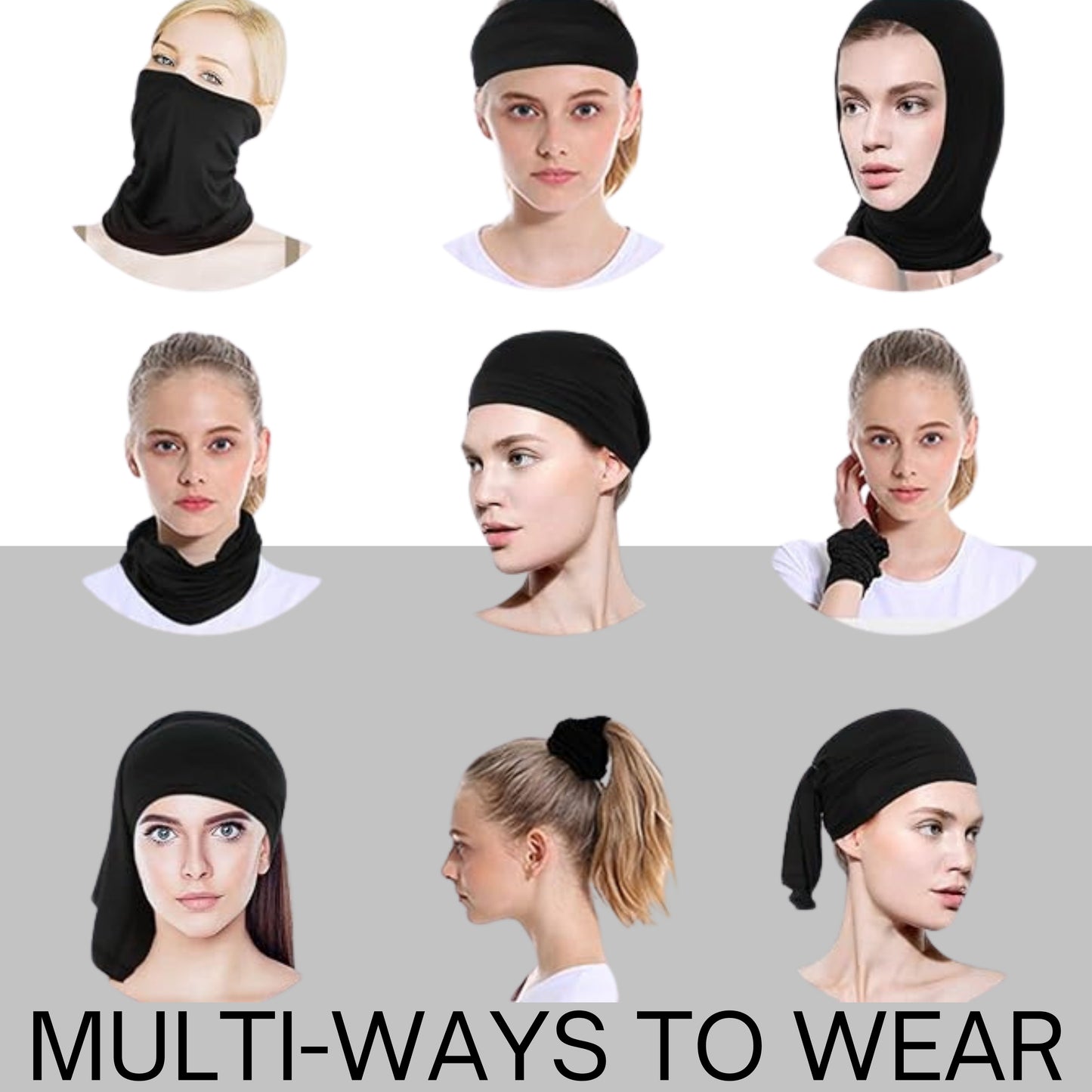Multiple ways to wear a neck gator to mask ponytail holder do rag Scully, armed, and neck, warmer Balaklava, Face Mask