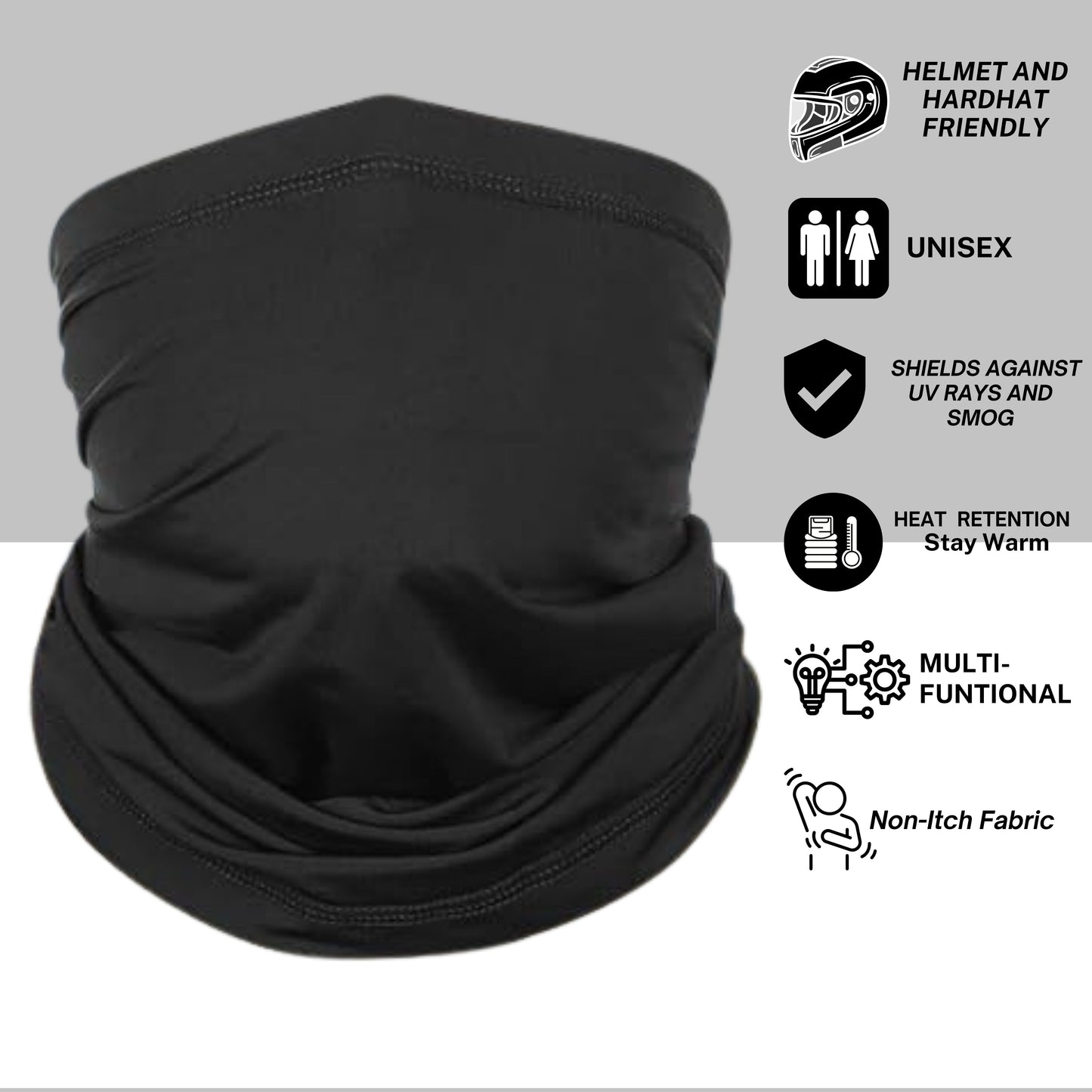 black neck warmer tube mask helmet and hardhat, friendly unisex shields against UV rays and smog heat retention. Stay warm, multifunctional, non-itch fabric Face Mask.