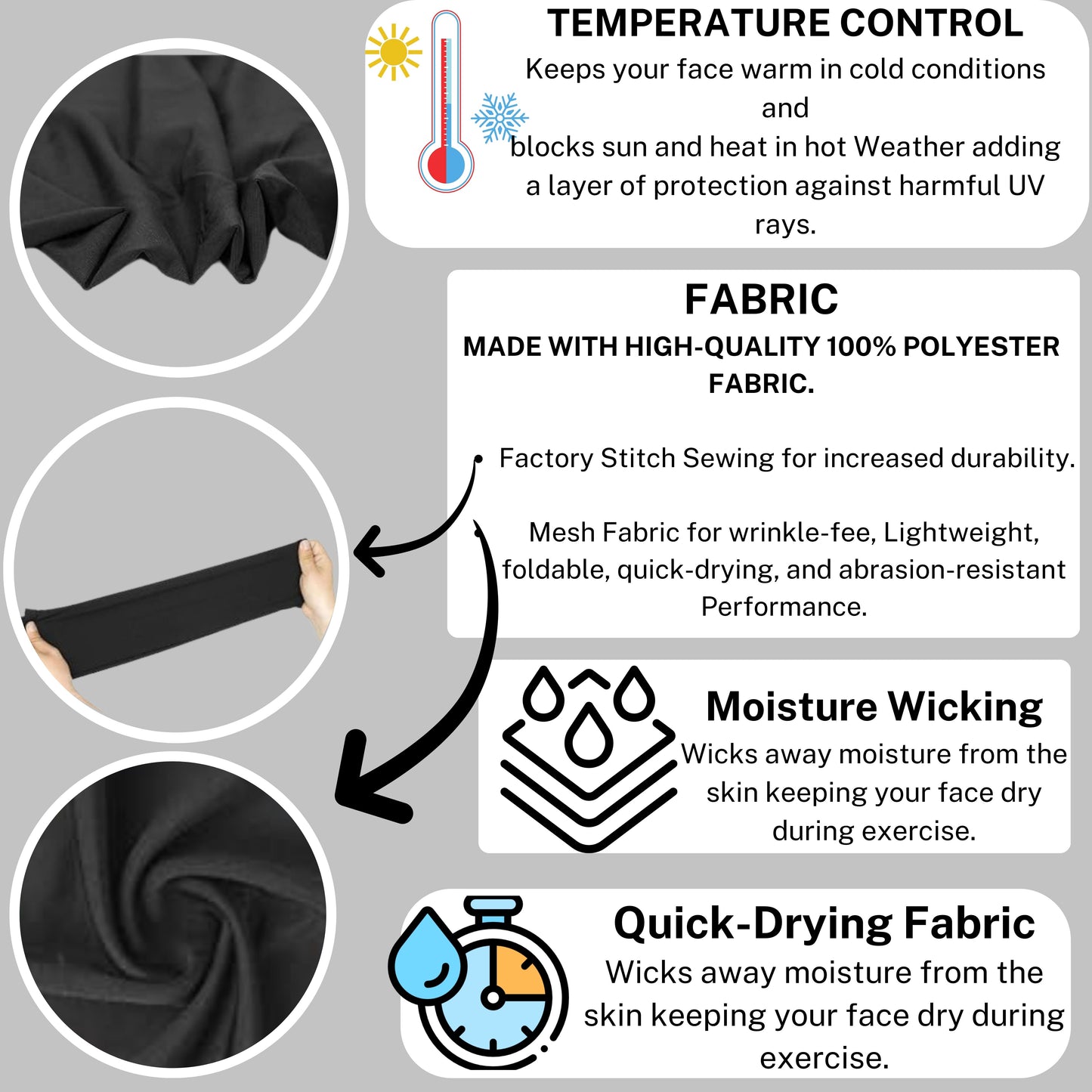 black neck gaiters keeps your face, warm and cold conditions and blocks sun and heat in hot weather adding a layer of protection against harmful UV rays high-quality fabric 100% polyester, moisture wicking, dry fkeeps your face, warm and cold conditions and blocks sun and heat in hot weather adding a layer of protection against harmful UV rays high-quality fabric 100% polyester, moisture wicking, quick-dry fabric
