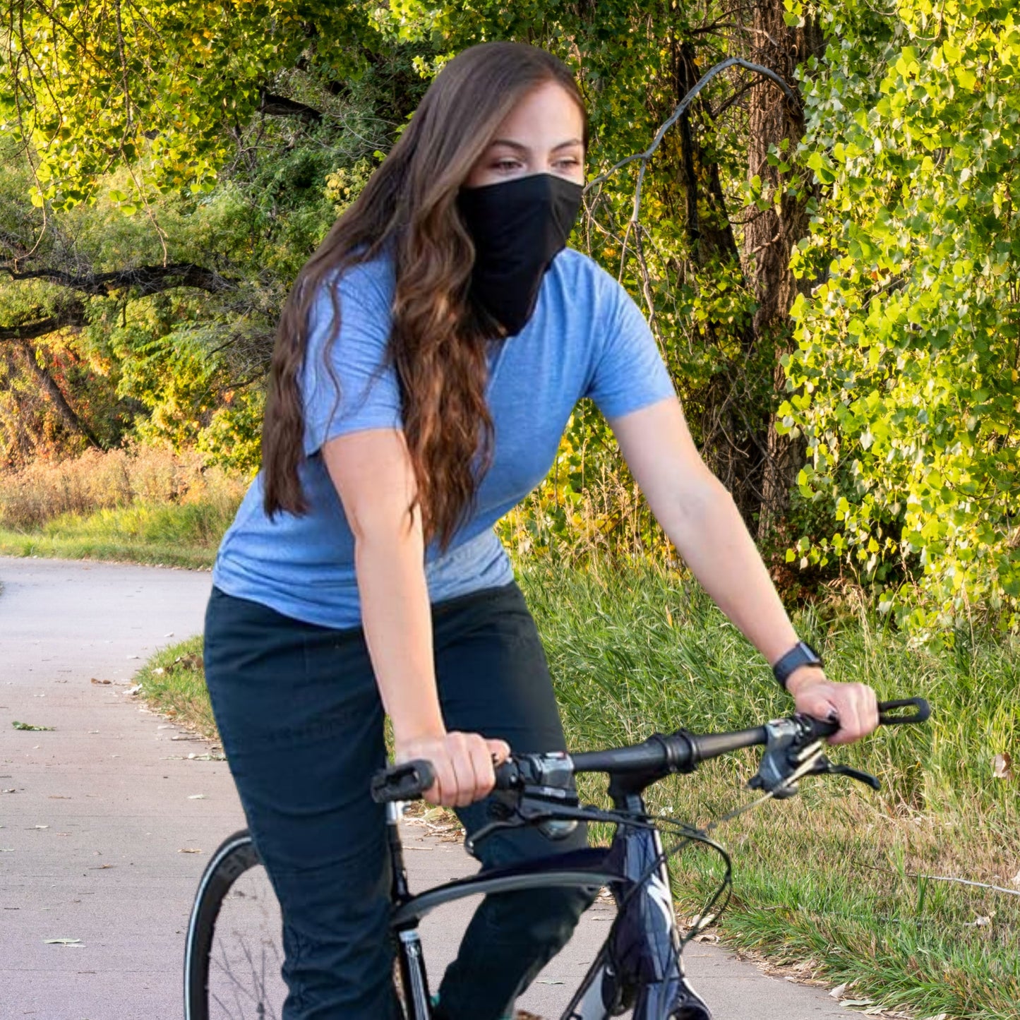 Black half face mask for women outdoor bike riding.