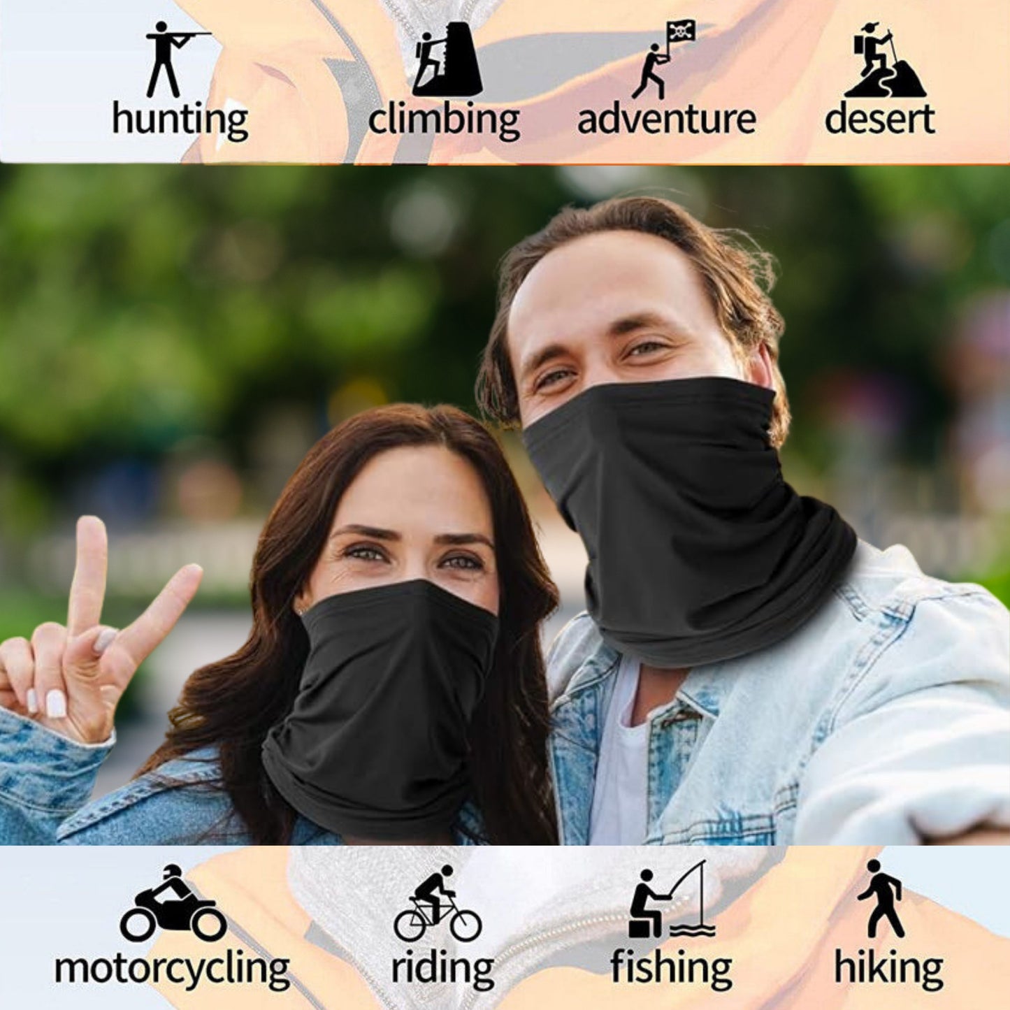 Black neck gaiter for men and women used for hunting, climbing, motorcycling, riding fishing, hiking and adventures.