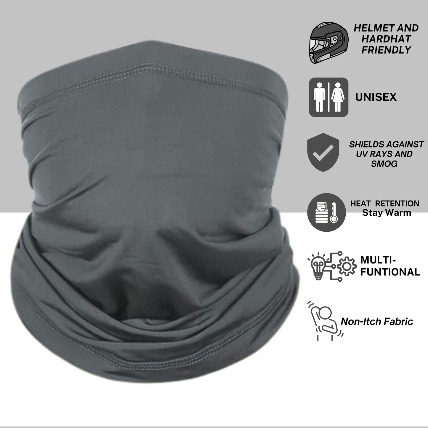 Grey neck gaiter tube half mask, helmet and hardhat, friendly unisex shield against UV and small heat retention. Stay warm non itch fabric