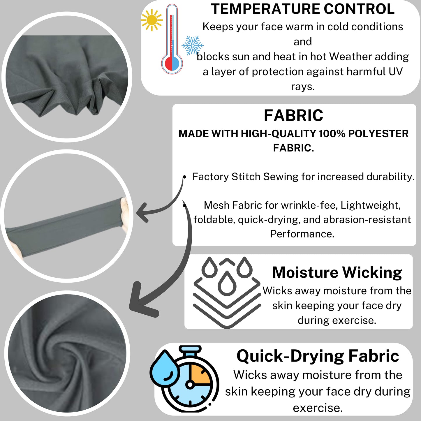grey neck warmer temperature control made with high-quality moisture wicking, quick drying fabric