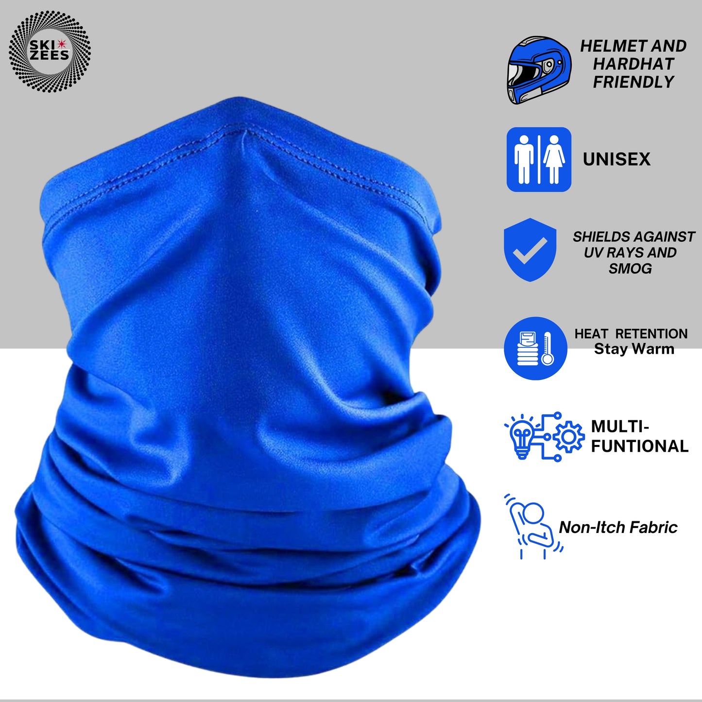 royal blue neck gaiter tube half mask face cover for helmets hardhats ubisex shields against UV rays and Smog Heat retention non itch fabric