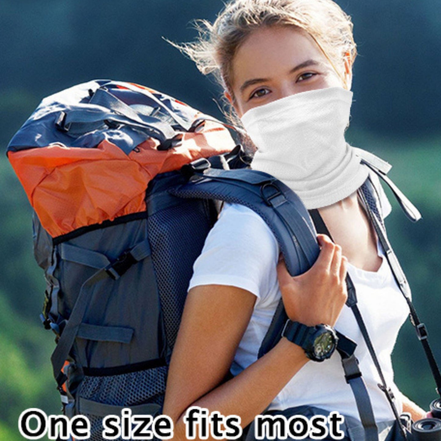 White neck gator, face mask, kids, one size fits most people.