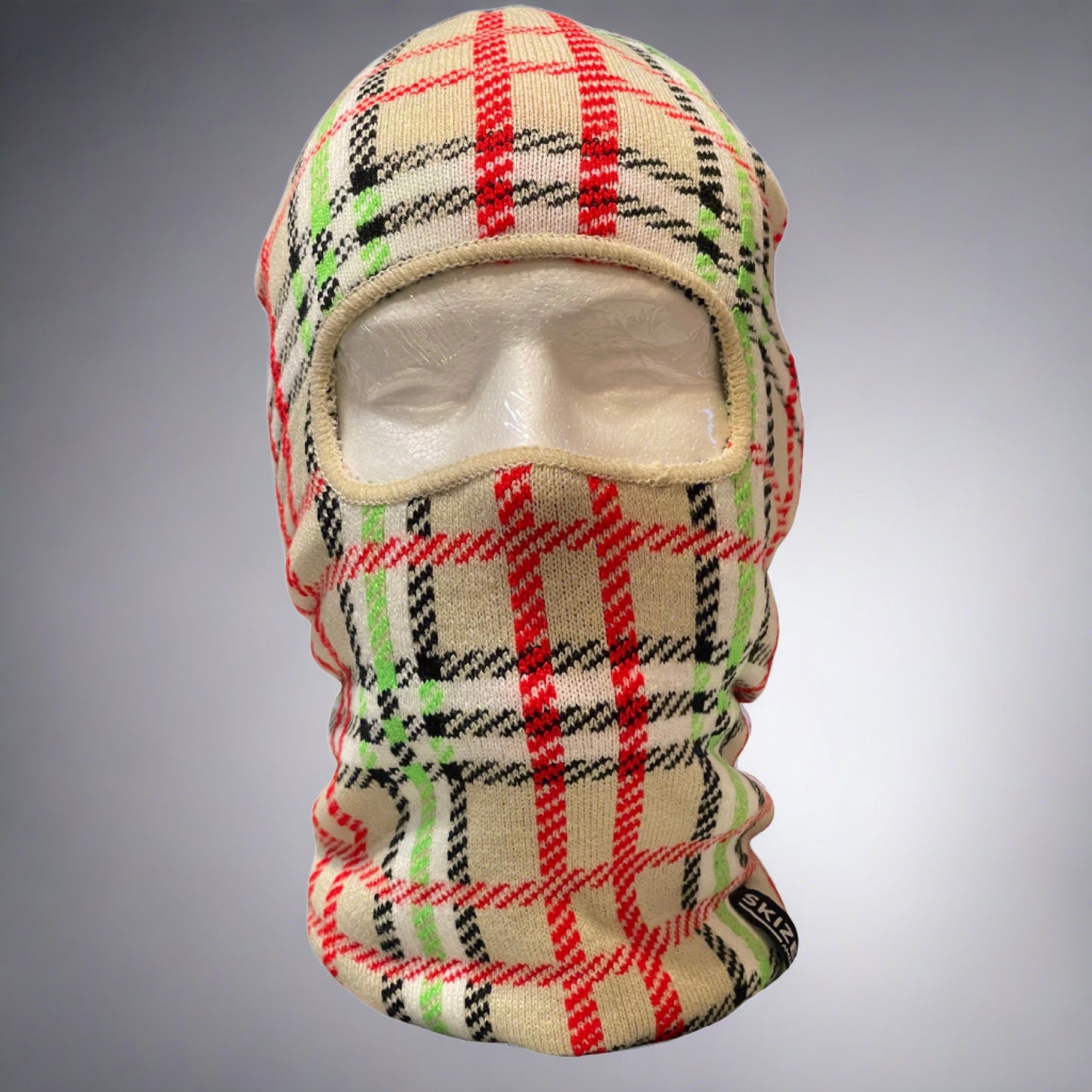 Plaid Flannel One hole ski mask with colors cream red black and green striped