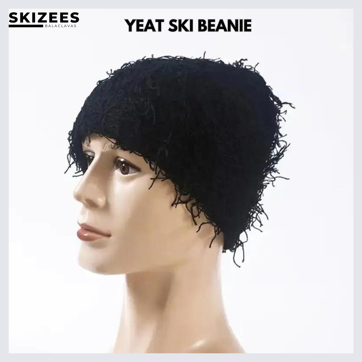 Skizees Mannequin wearing black, distressed, yeet inspired ski beanie ski mask balaclava beanie
