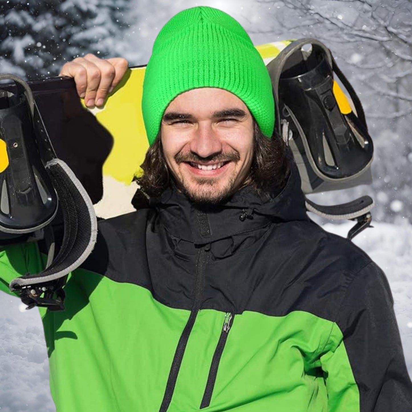 men Snowboarder wearing neon green ski mask as a beanie hat