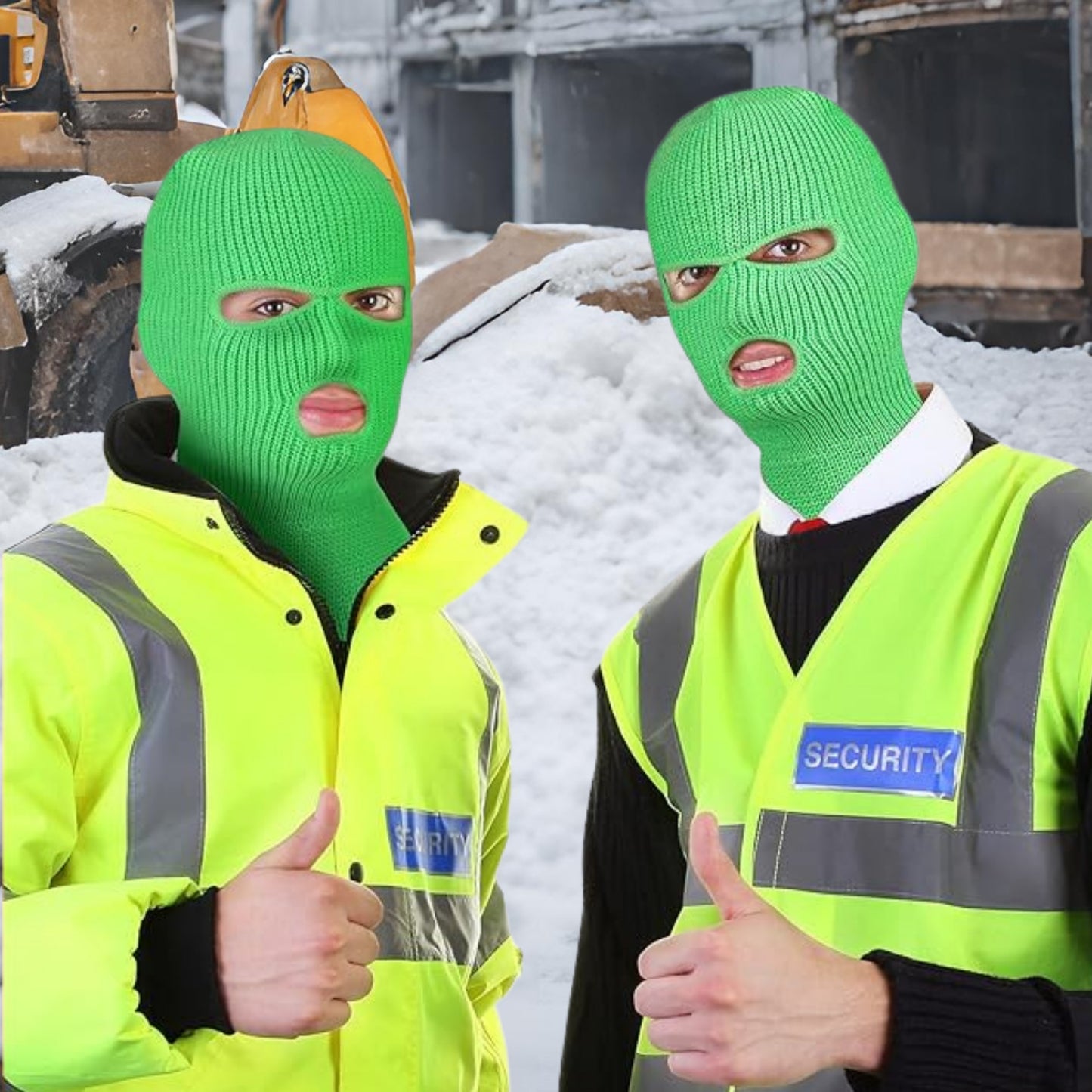 two construction workers wearing yellow work vest and green ski mask