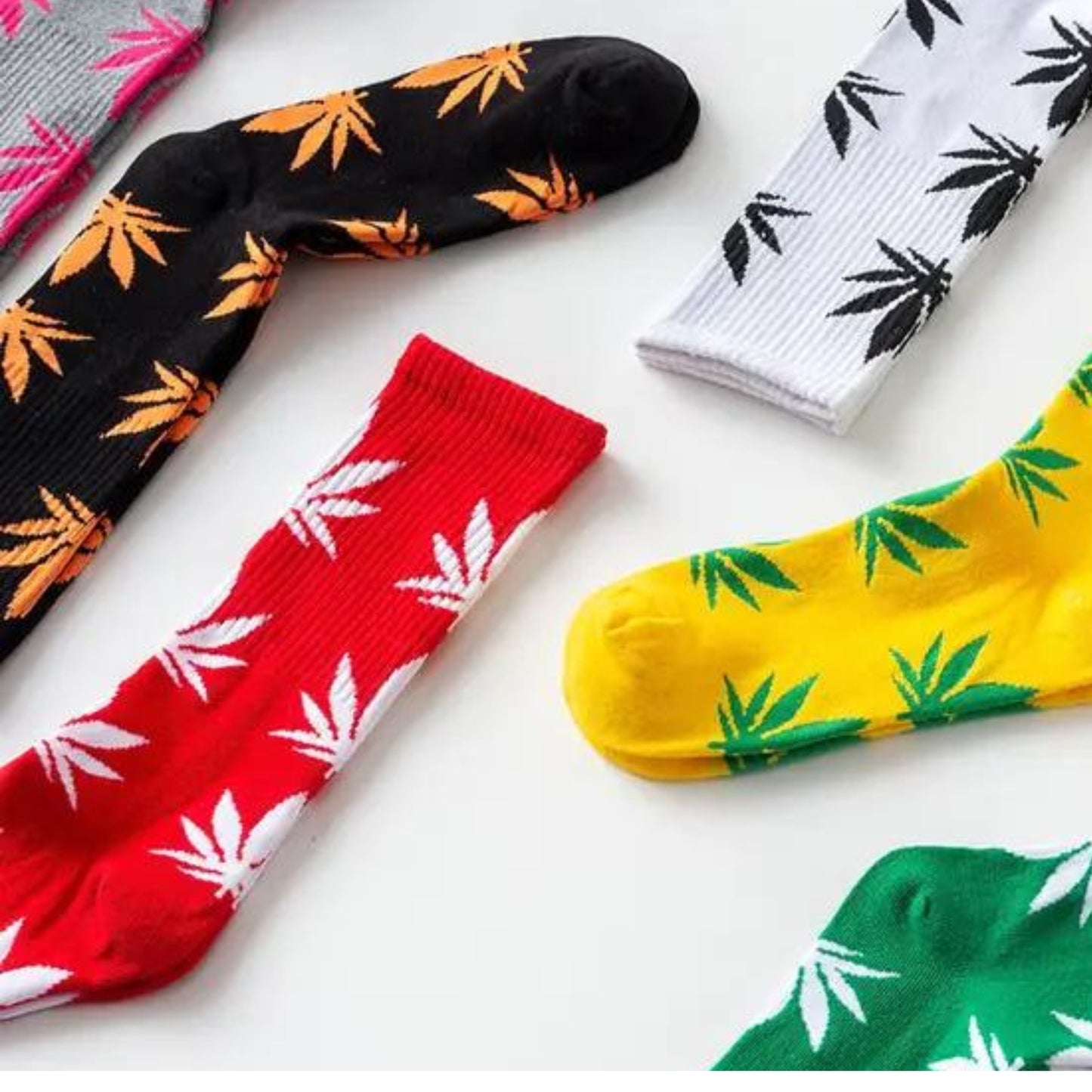 A variety of marijuana, crew, socks, red yellow, green, white, orange, black, pink gray.