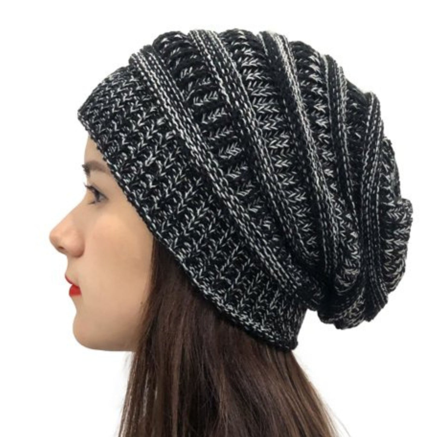black and white-knit-satin-beanie-cap