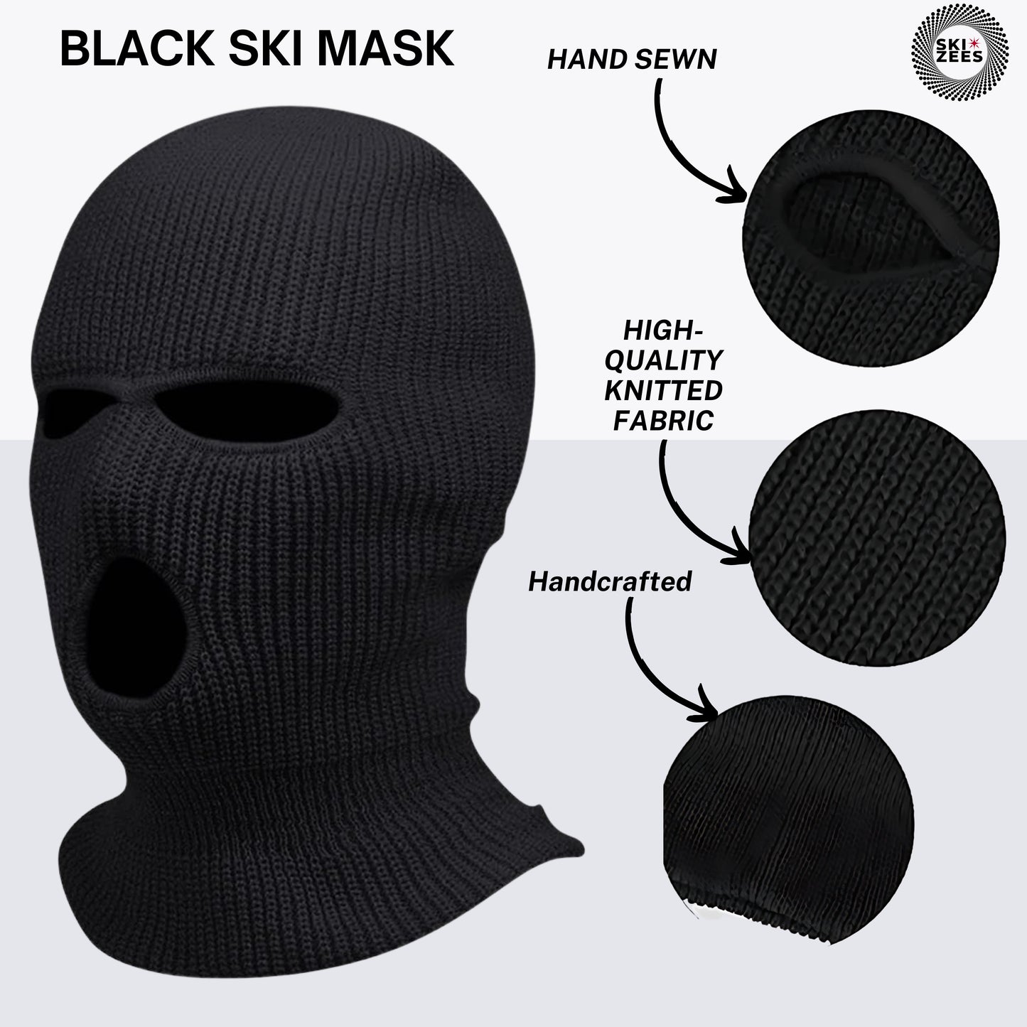 Black ski mask comfort hand sewn high quality knitted fabric