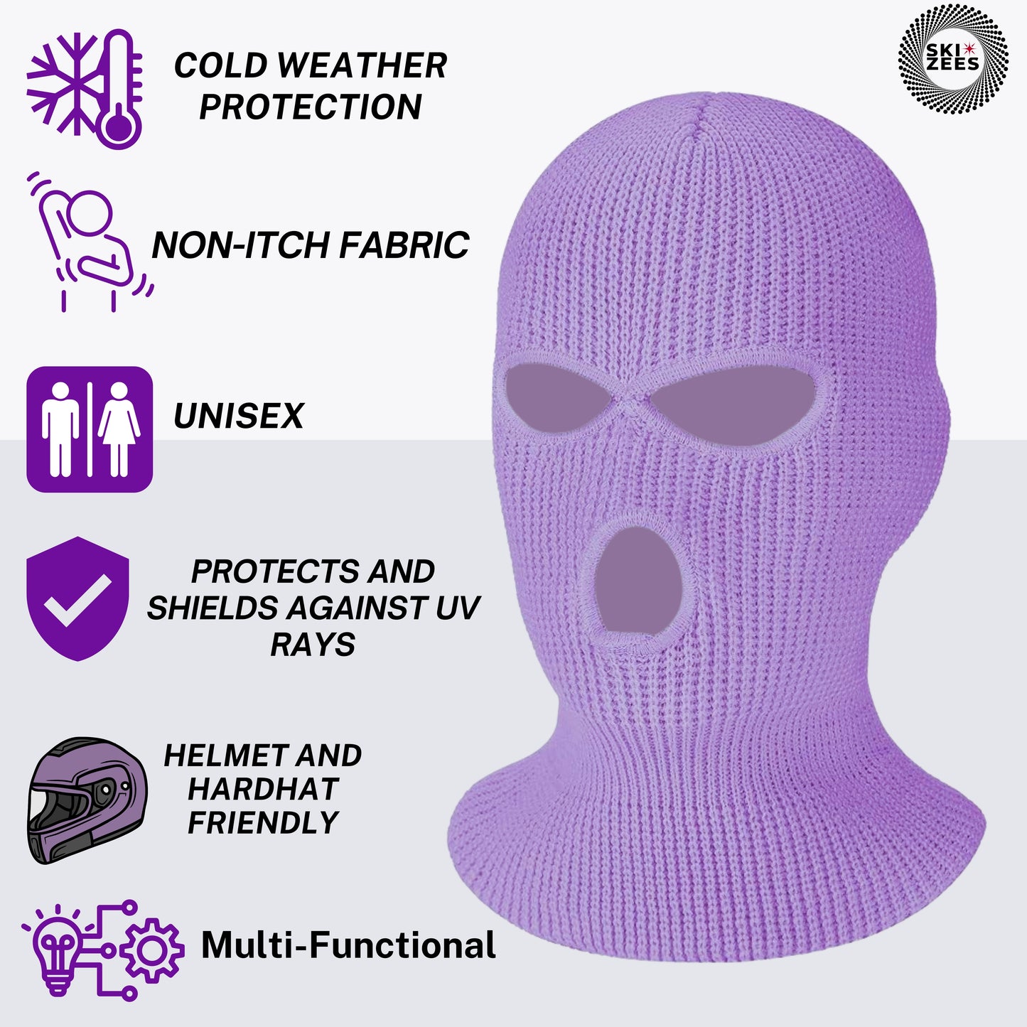 purple ski masks details has cold weather protection, non itch fabric helmet friendly shields uv rays
