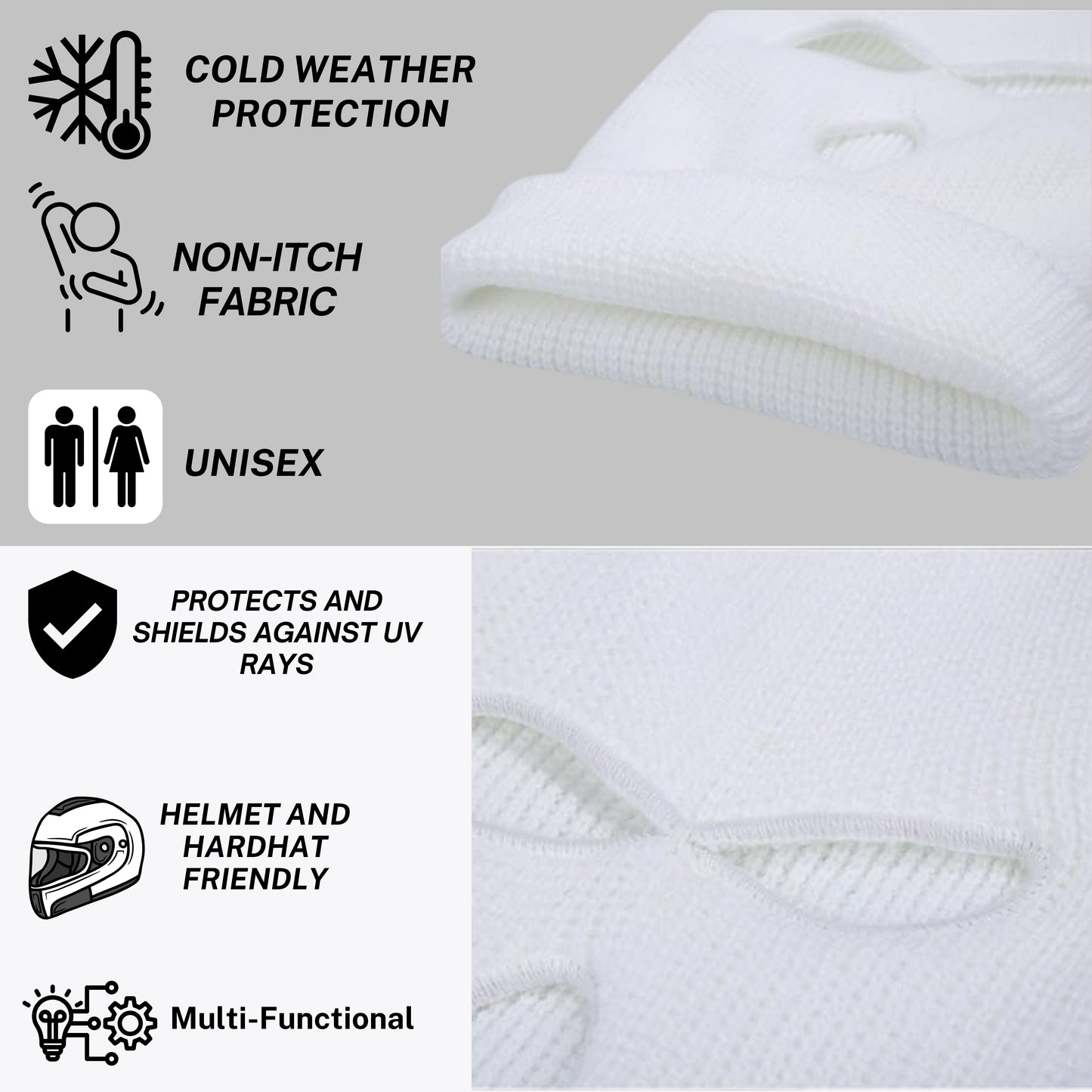white ski mask cold weather protection, non itch, unisex, helmey and hardhat