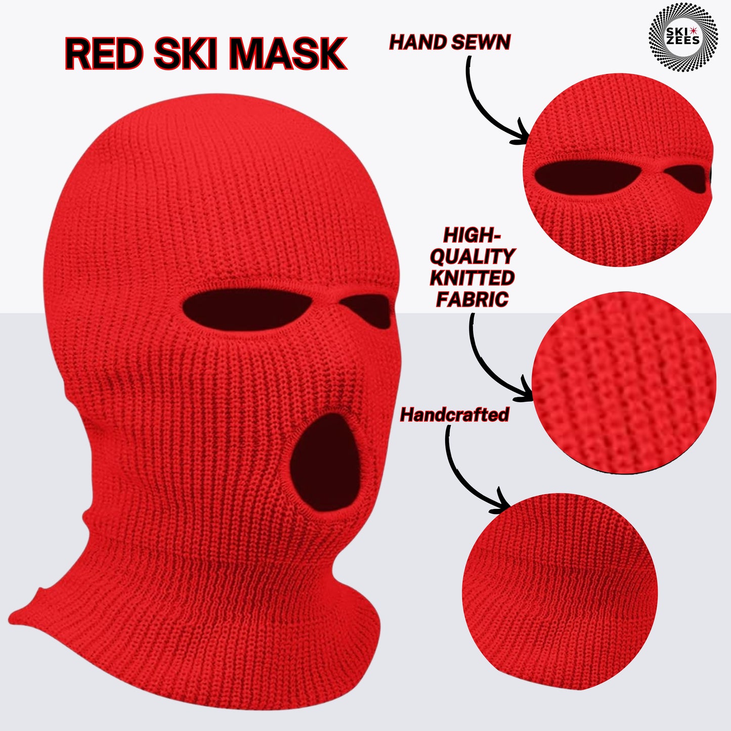 red ski mask three hole hand sewn