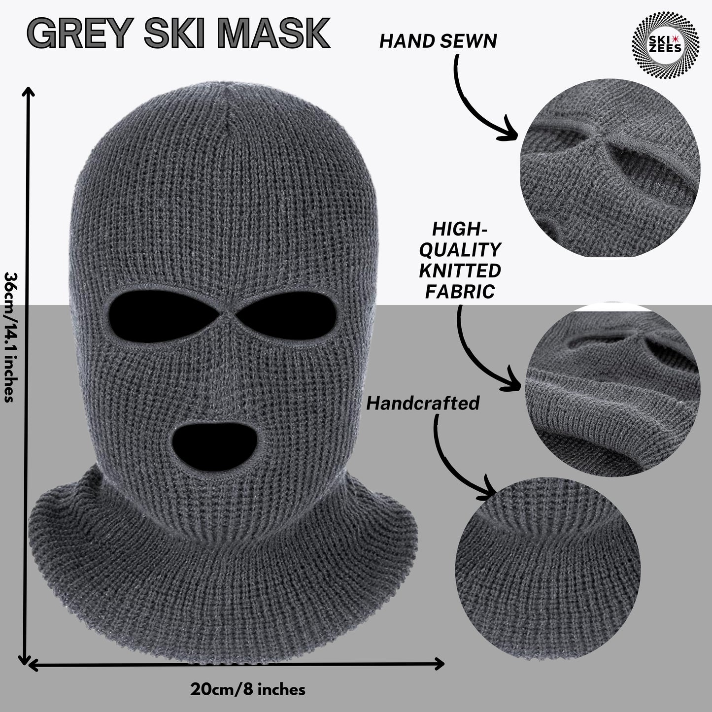 Grey ski mask hand sewn high-quality winter face cover