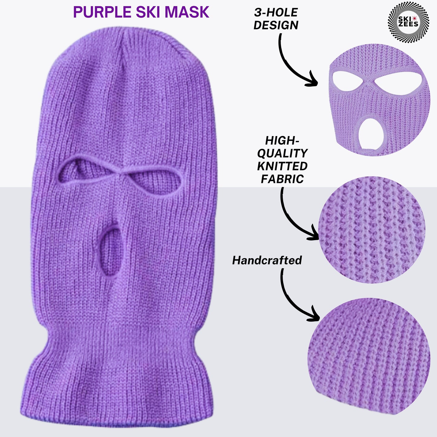 A photo showing Purple ski mask three hole design, high-quality needed fabric handcrafted.