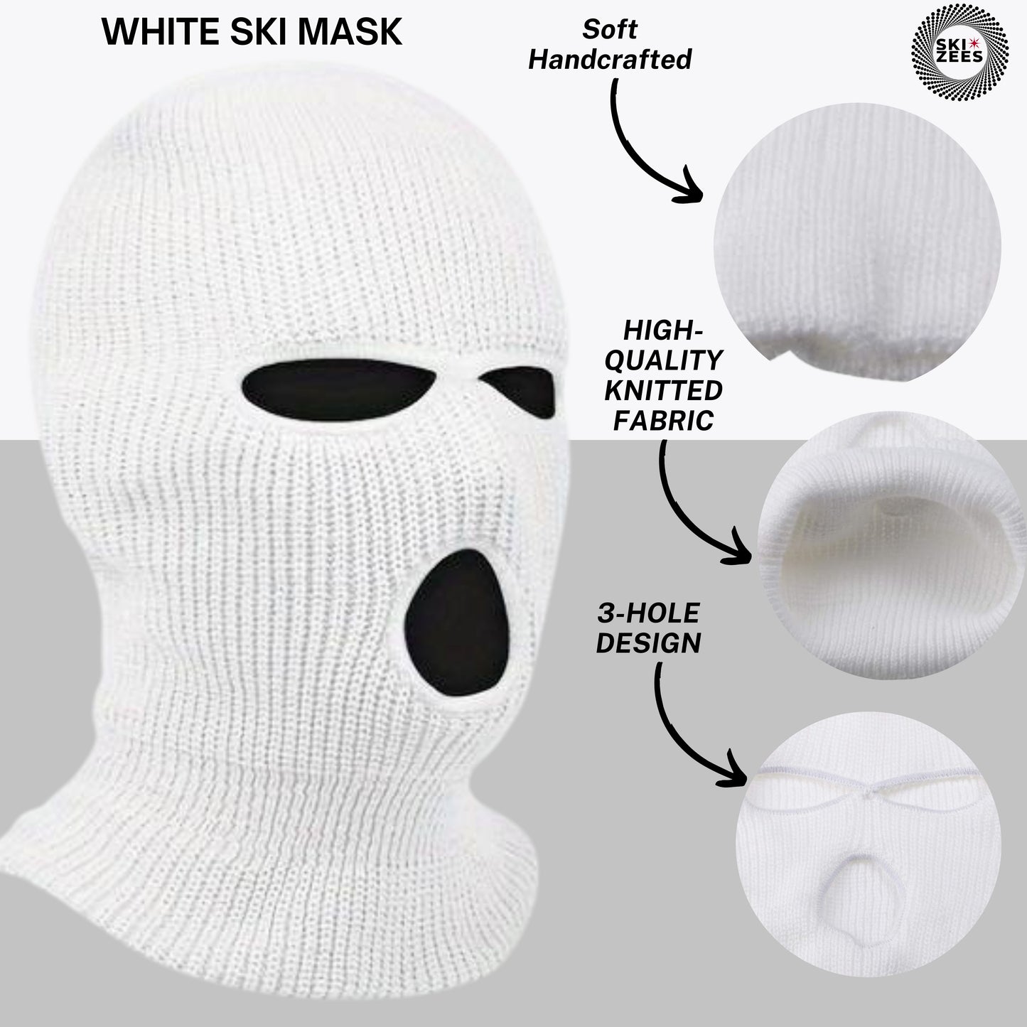 white ski mask soft hand crafted high-quality 3-hole design