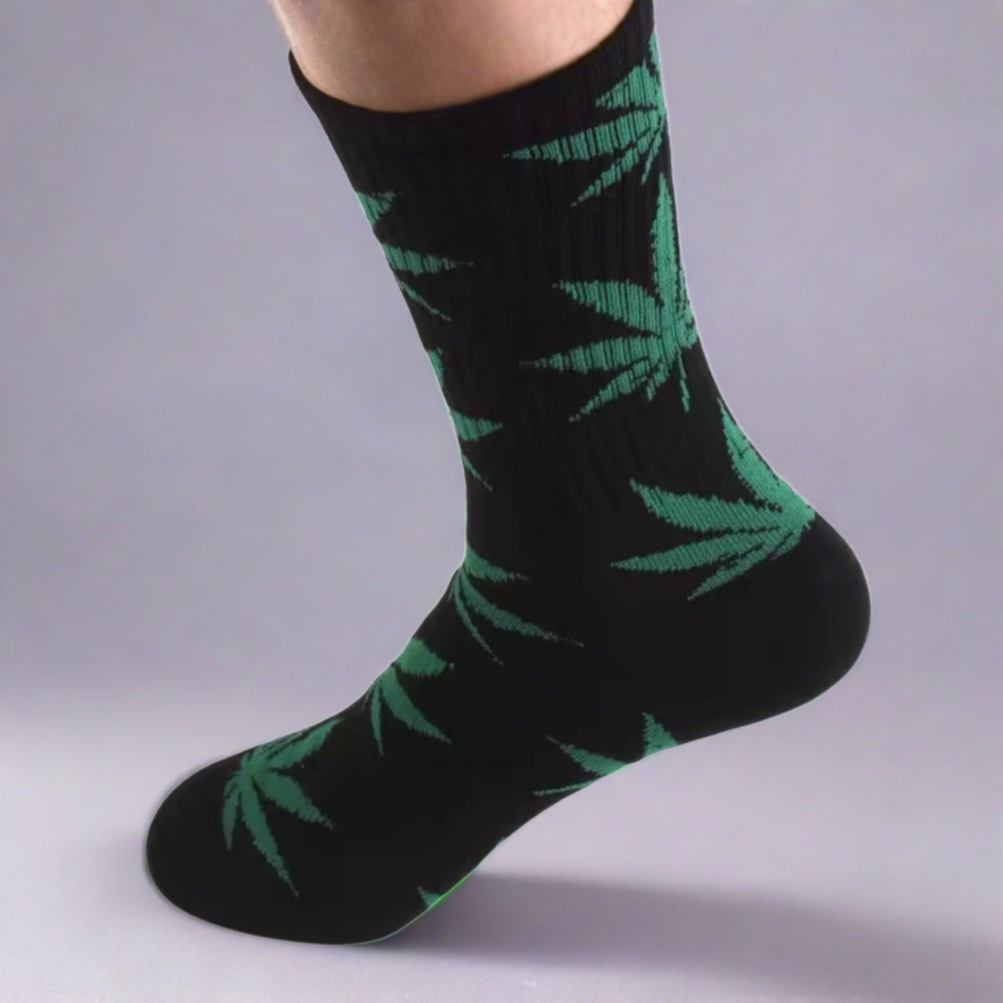 black crew socks with green marijuana leaves