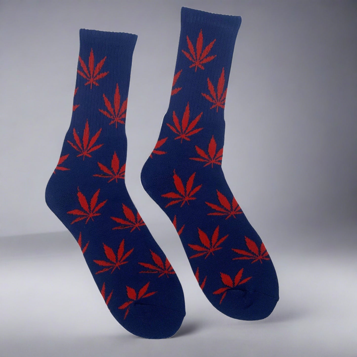 red leaves on blue socks