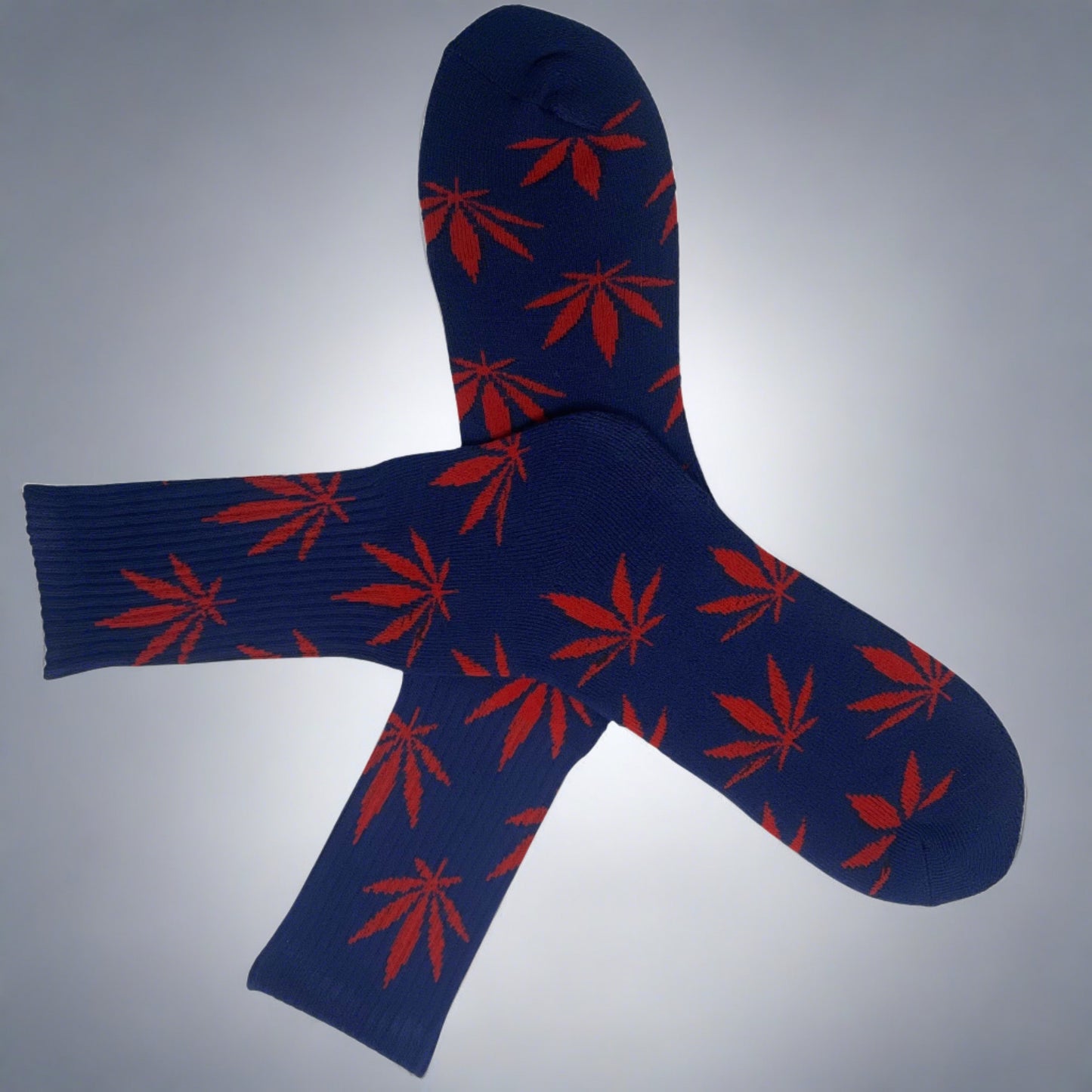 blue crew socks with red marijuana leaves