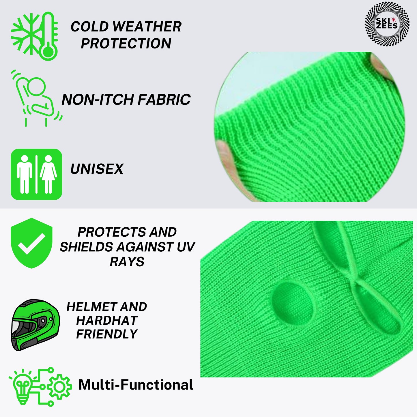 Green ski mask infographics cold weather protection, non inch fabric, unisex protection, shield against UV rays helmet in hardhat friendly