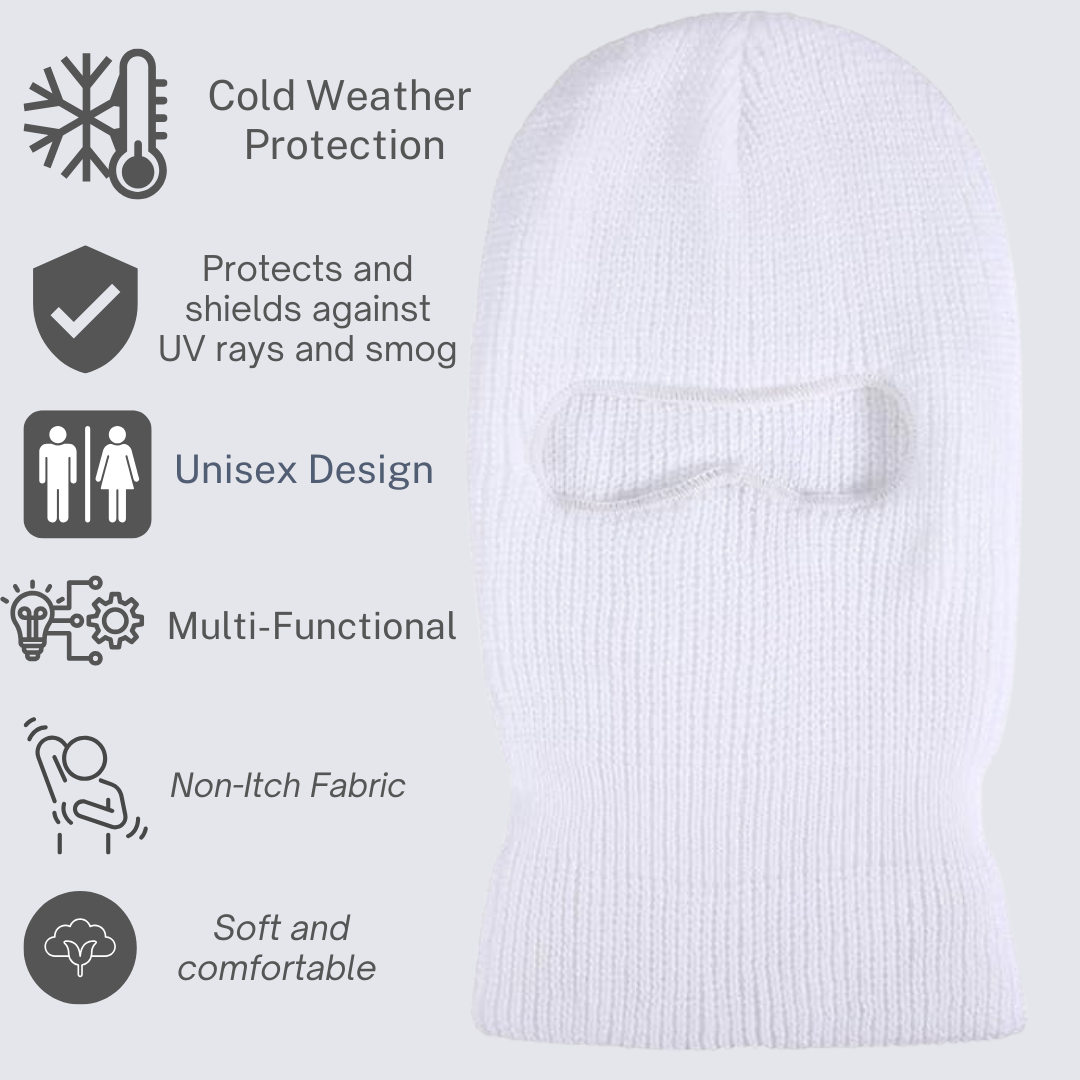 White beanie with face mask on a light gray background, featuring text about cold weather protection.