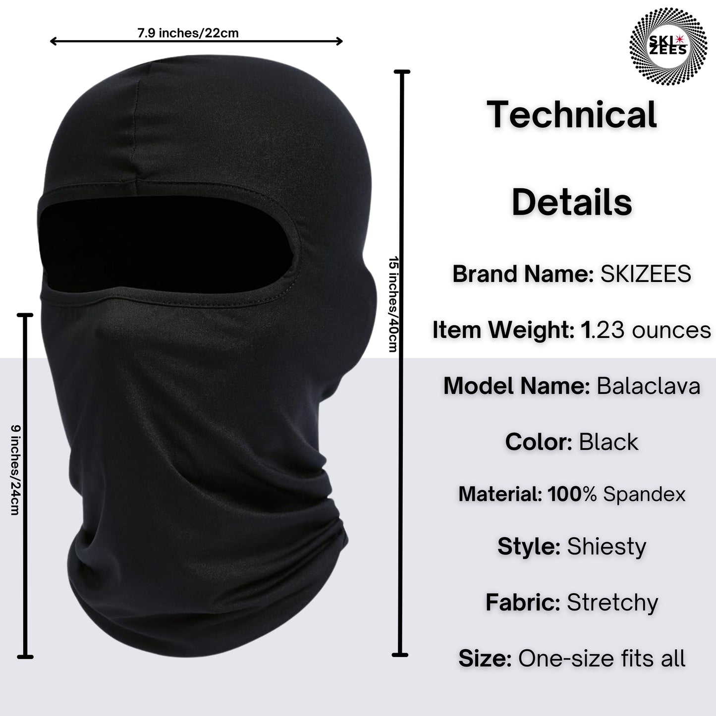 Black shiesty ski mask technical details brand name Skizees, item weight 1.23 ounces,model type balaclava, color black, 100% spandex material, shiesty style,stretchy fabric, ons-size-fits-all