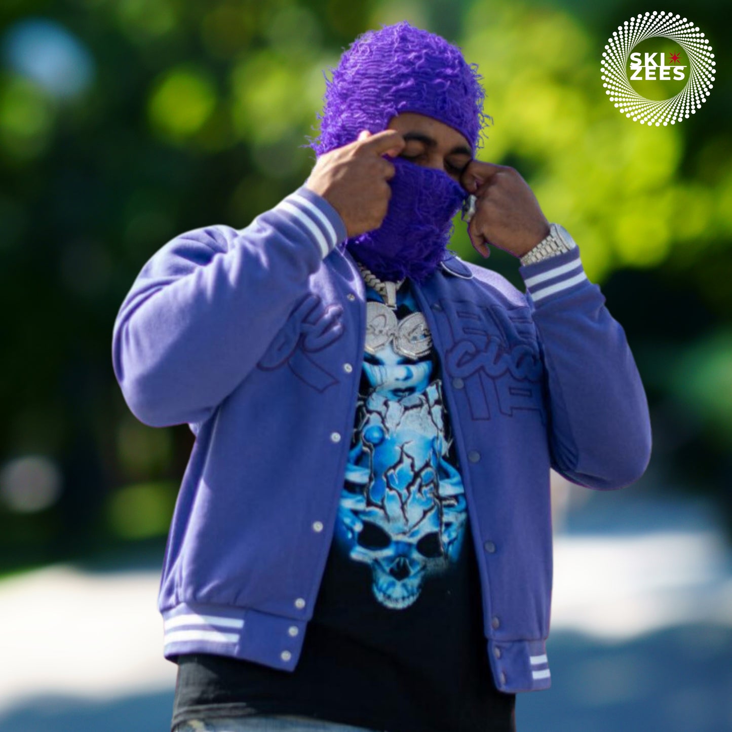 skizees purple distressed balaclava urban streetwear.