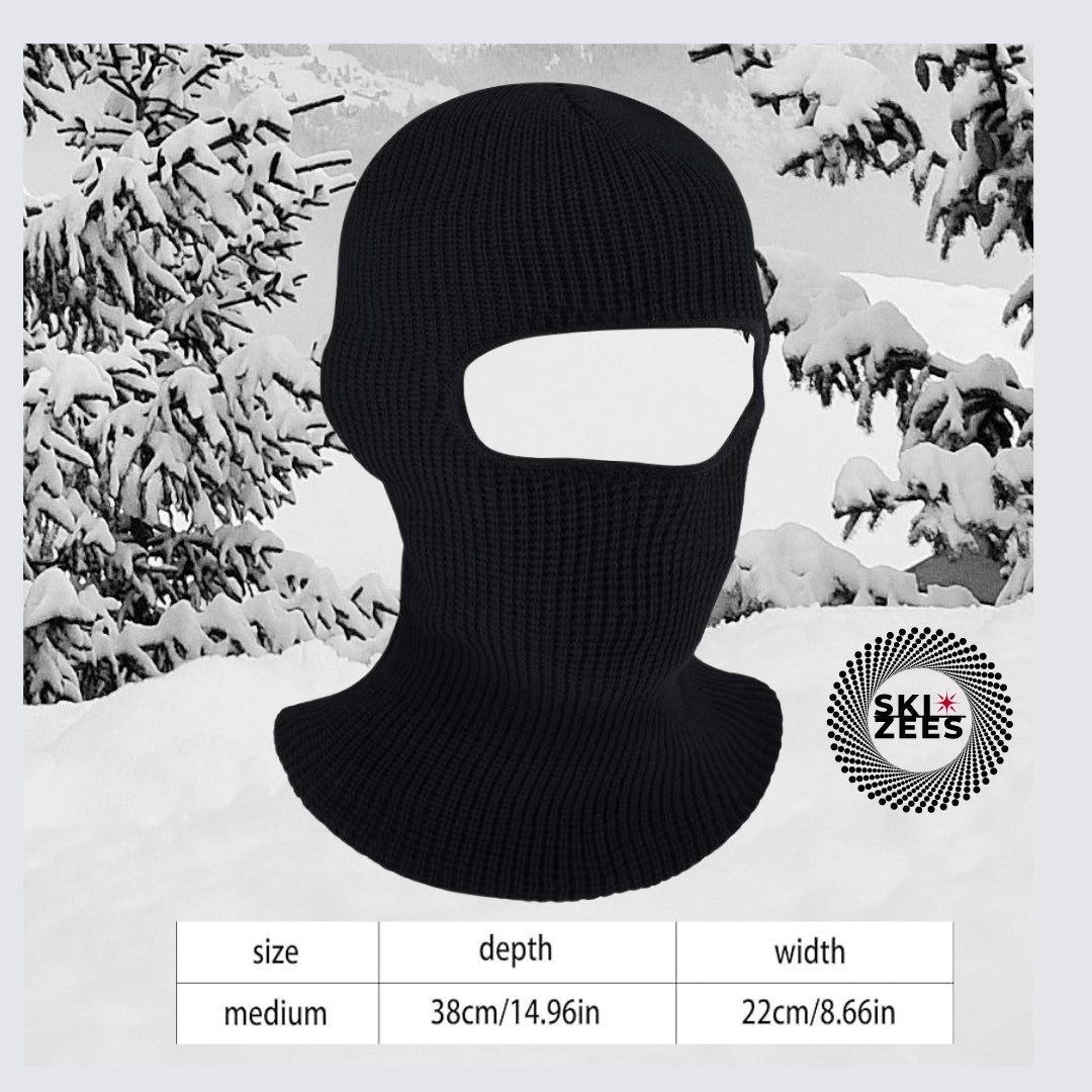 Black one hole ski mask size medium, length 14.96 inches, width 8.66 inches