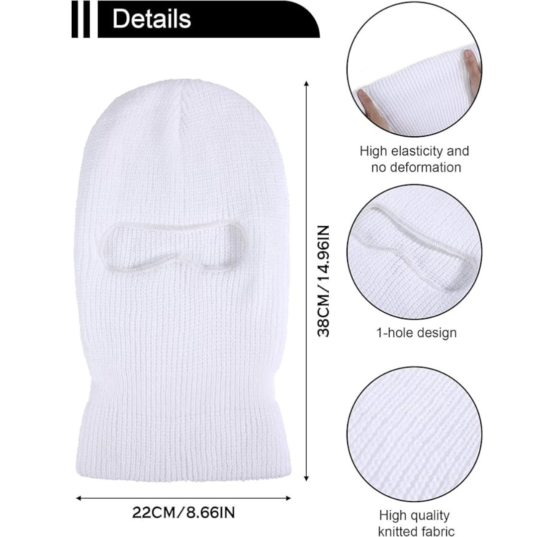White balaclava with detailed features and measurements on a white background