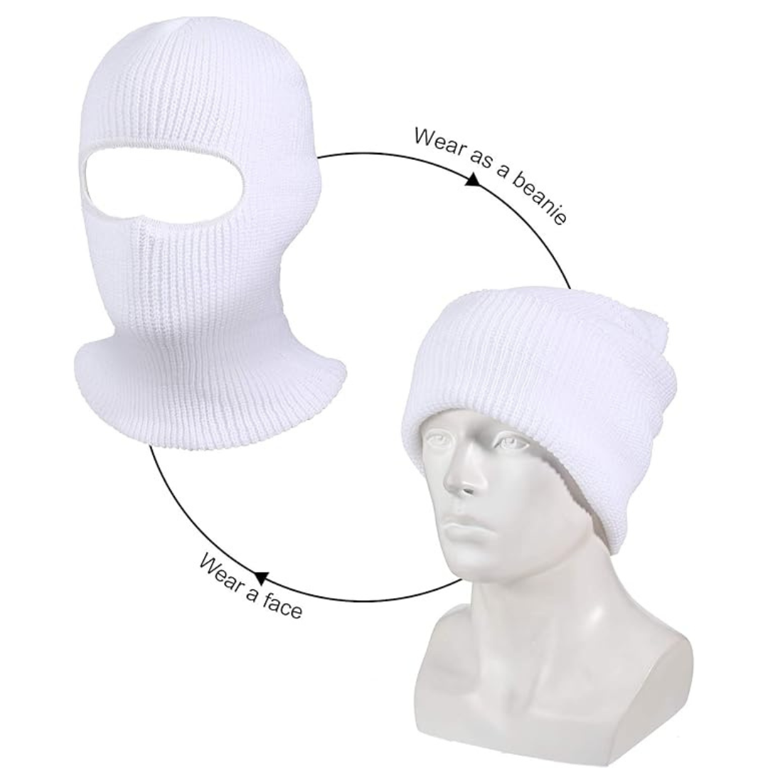 White knit balaclava shown worn as a beanie and with a face covering on a mannequin head.